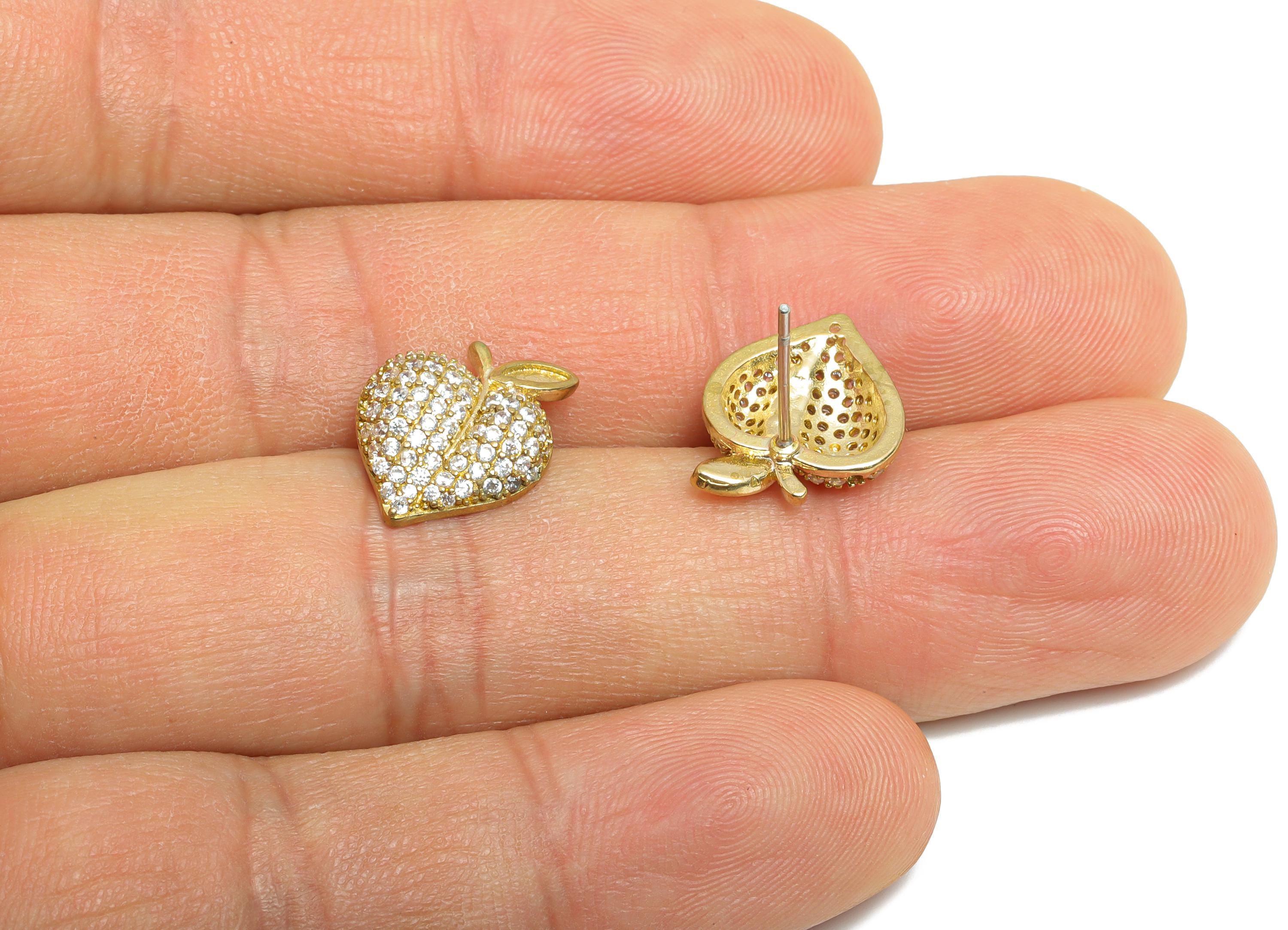 Sparkling Crystal Earring - Raw Brass Peach Stud Earring - Jewelry with Cubic Zirconia - Fruit-Inspired Jewelry - 13x11x3.8mm - PP11042 - DOMEDBAZAAR