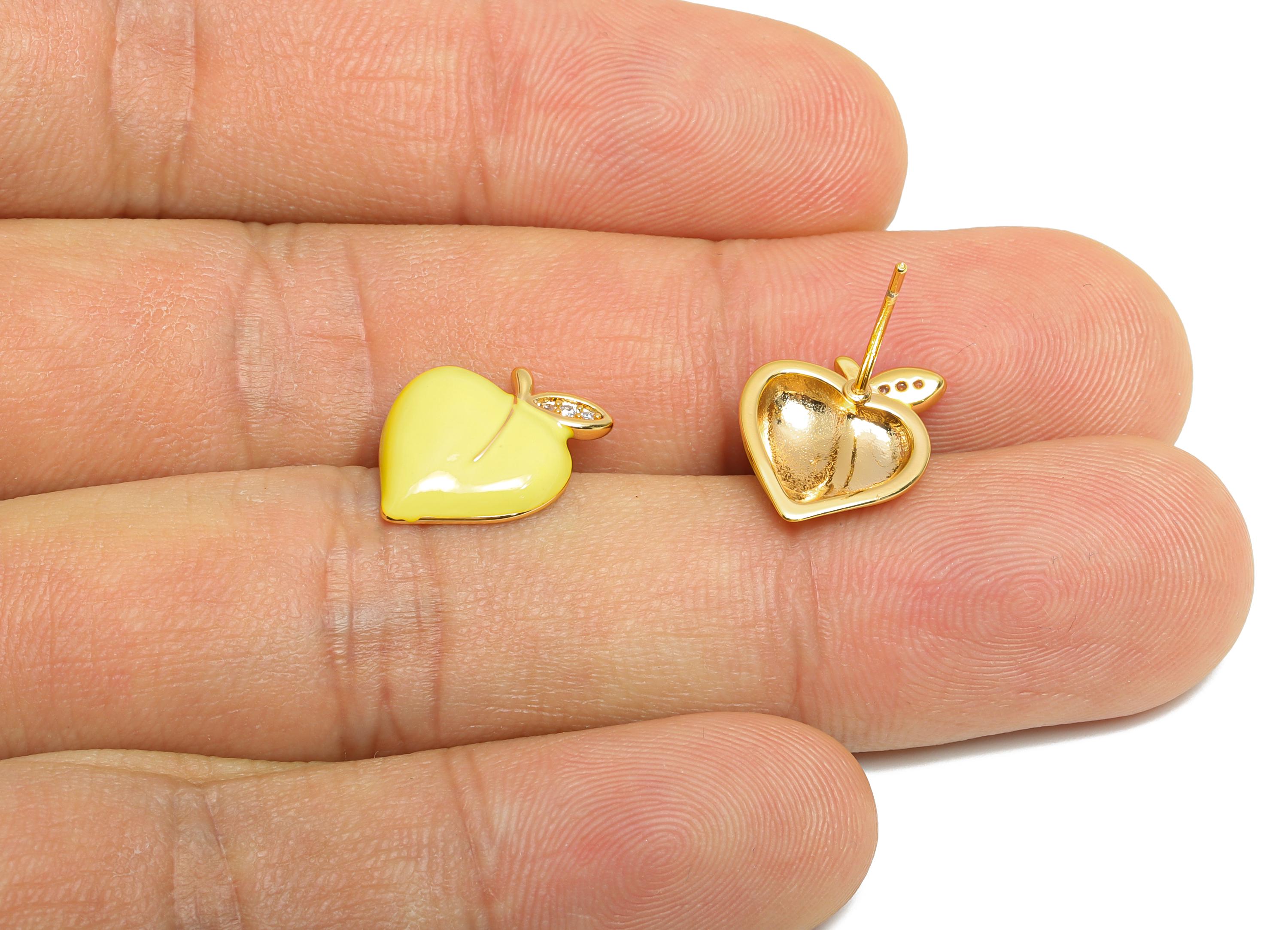 Brass Enamel Peach Earring - Brass CZ Bold Enamel Chic Yellow Stud - Vibrant Enamel Jewelry - 18K Real Gold Plating - 13x11x3mm - RGP10382D - DOMEDBAZAAR