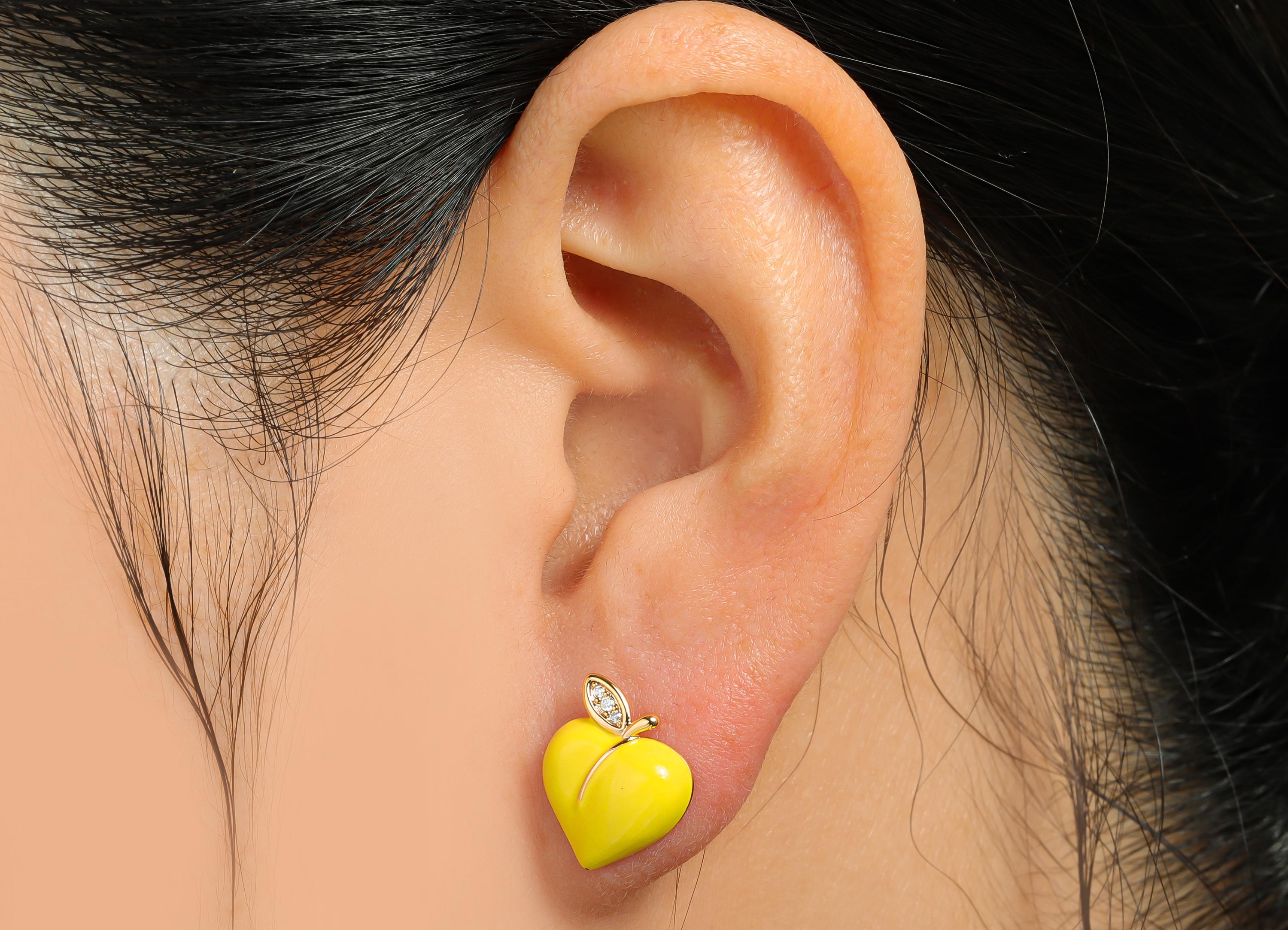 Brass Enamel Peach Earring - Brass CZ Bold Enamel Chic Yellow Stud - Vibrant Enamel Jewelry - 18K Real Gold Plating - 13x11x3mm - RGP10382D - DOMEDBAZAAR