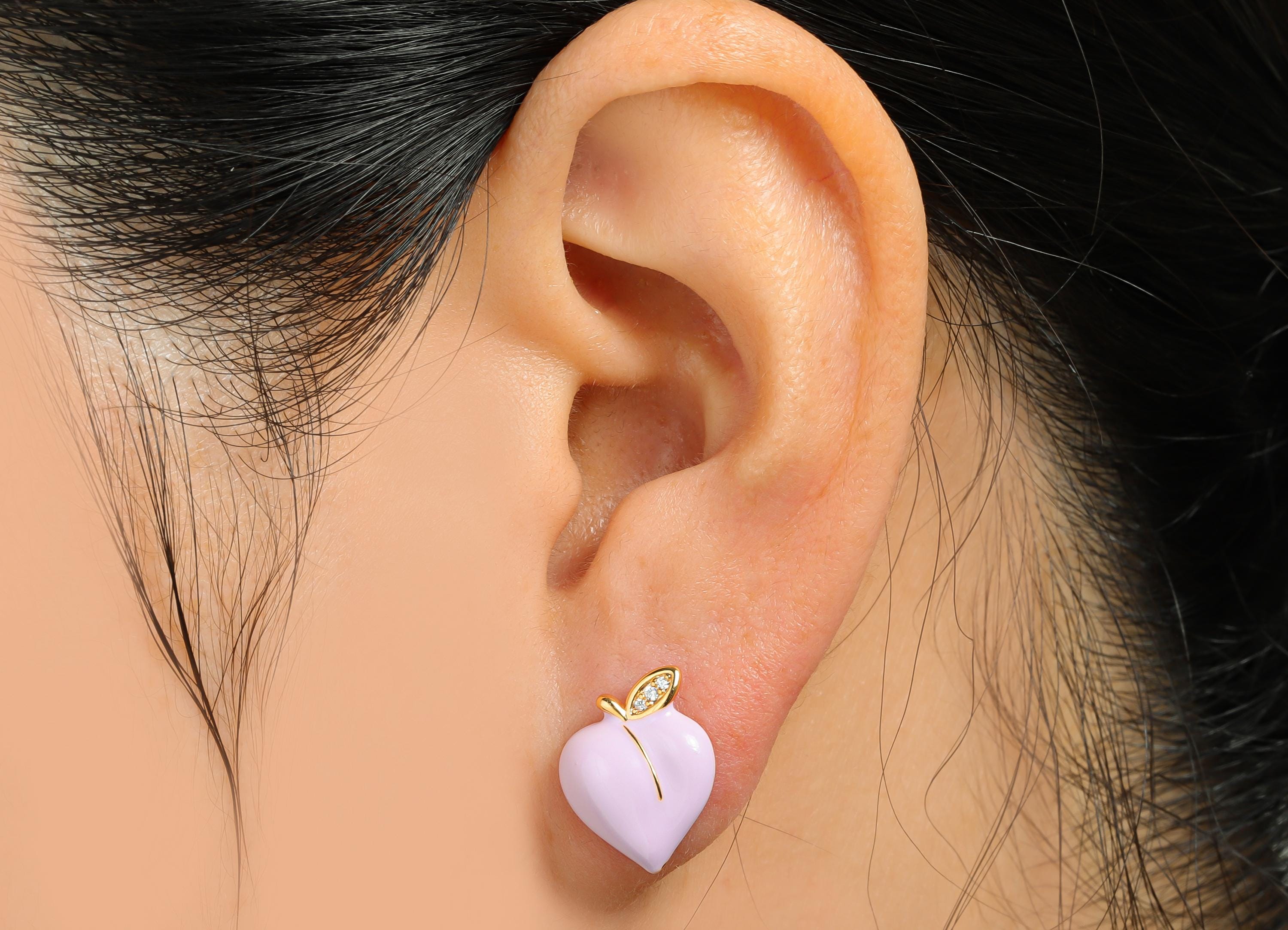 Brass Enamel Peach Earring - Brass CZ Bold Enamel Chic Colorful Stud - Vibrant Enamel Jewelry - 18K Real Gold Plating - 13x11x3mm -RGP10382C - DOMEDBAZAAR
