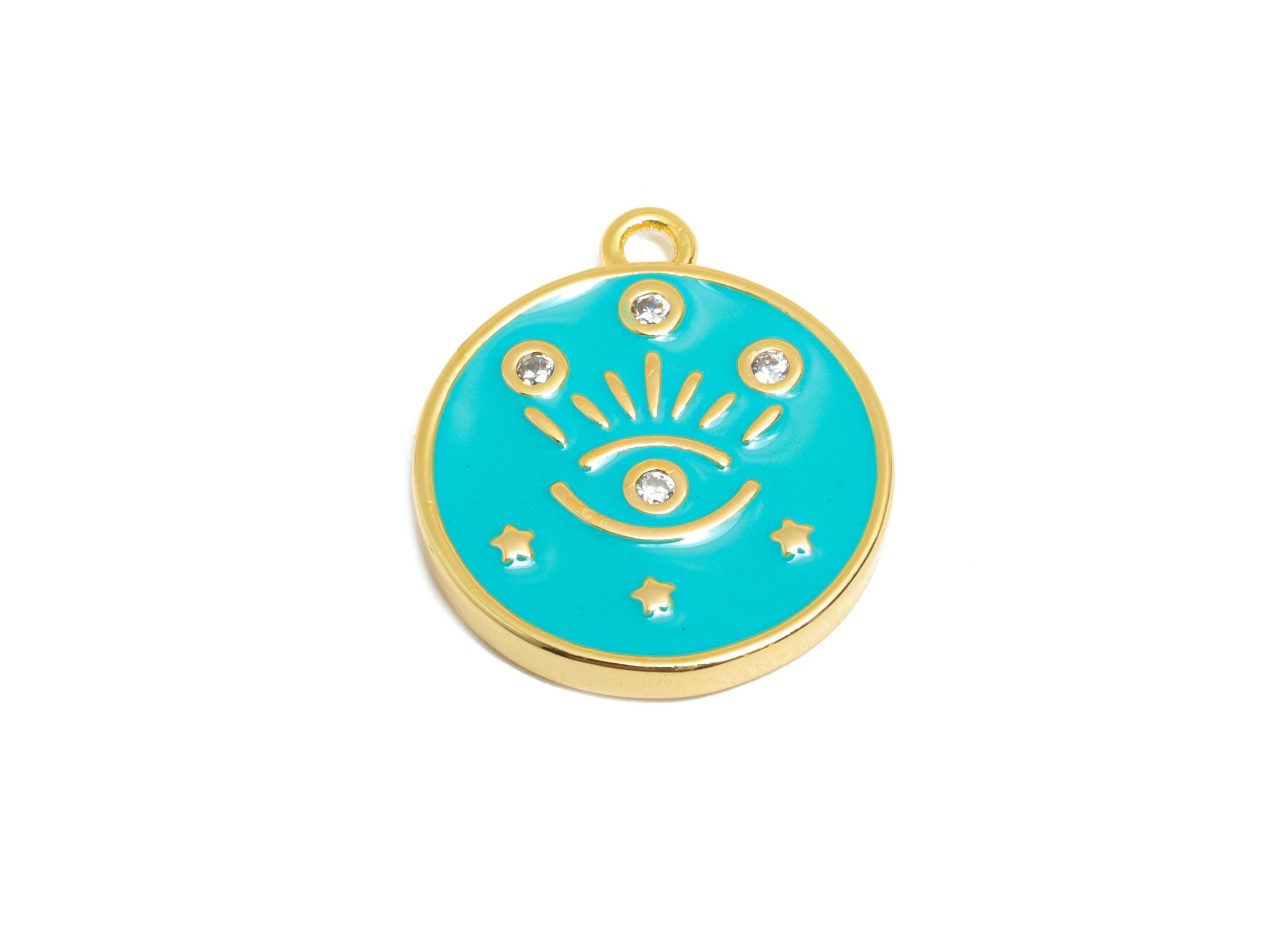 Brass CZ Enamel Eye Charm - Protection Earring Charm - Boho Enamel Pendant Charm - 18K Real Gold Plating - 17x15x1mm -RGP10391A - DOMEDBAZAAR