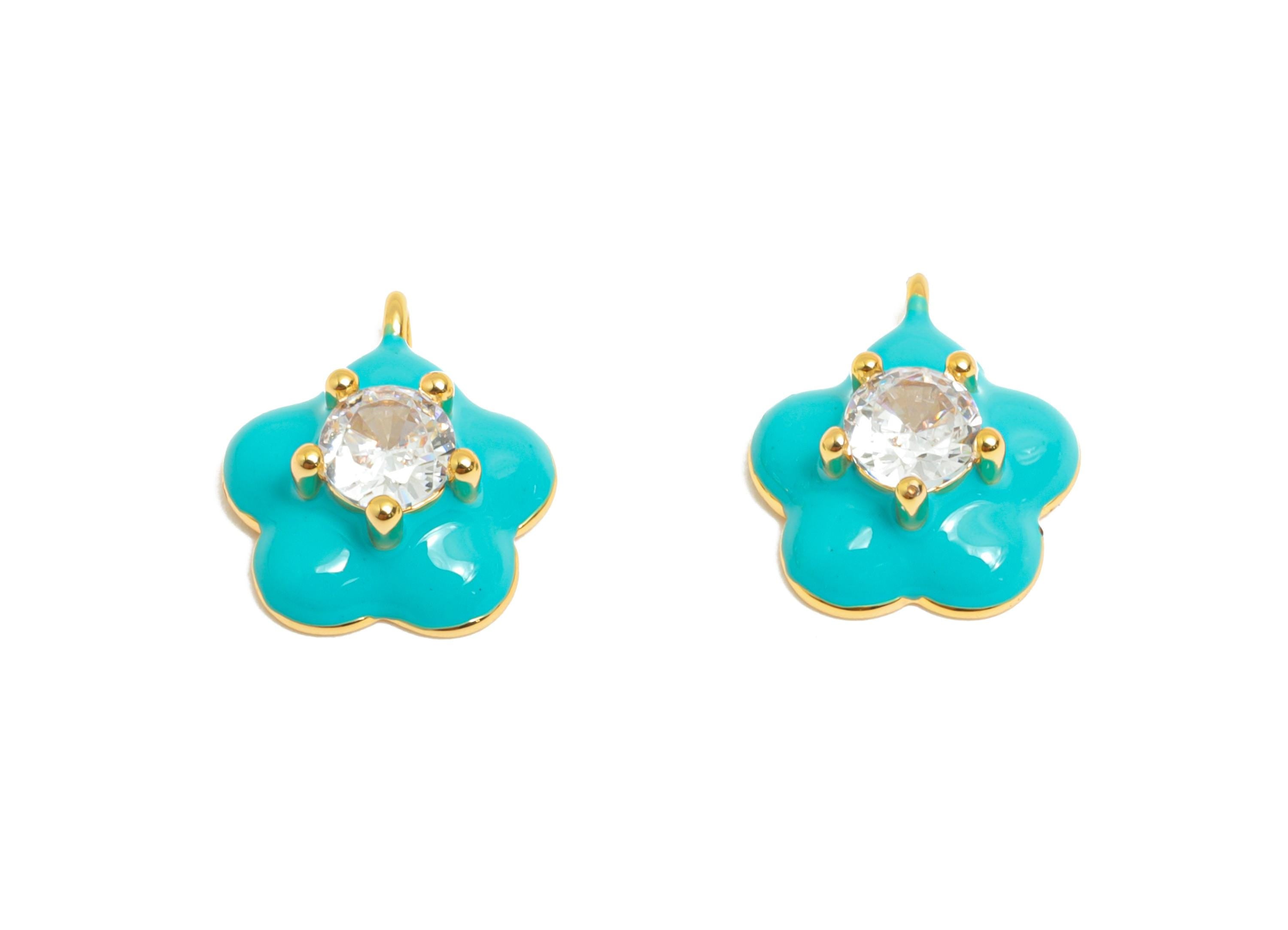 Brass CZ Flower Enamel Charm - Turquoise Enamel Pendant - 18K Real Gold Plating - Gift for Her - Everyday Jewelry - 11.78x9x4mm - RGP10390A - DOMEDBAZAAR