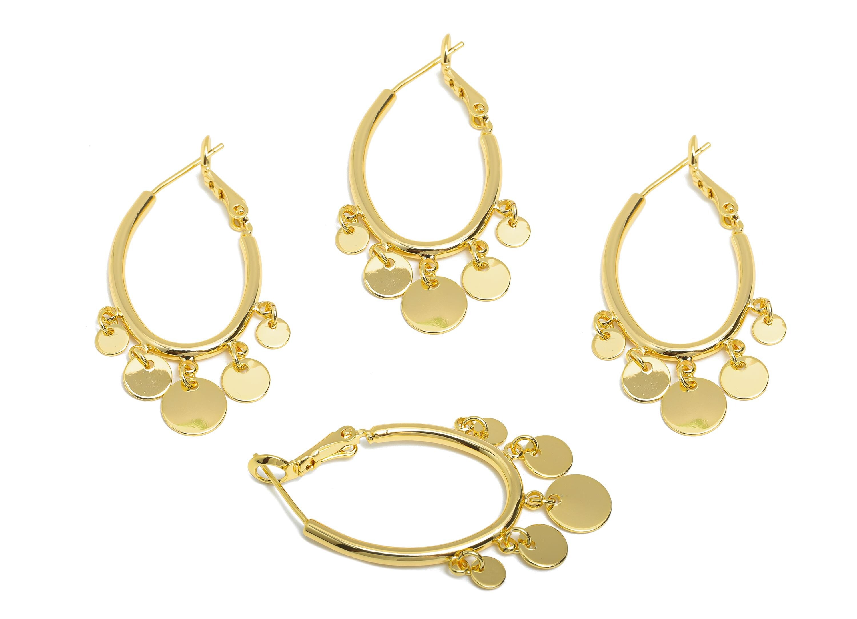 Brass Oval Hoop Dangle Earring - Gold Disc Hanging Earring - Shiny Geometric Clasp Back Earring - 18K Gold Plated - 43x21.5x2.2mm - RGP9535 - DOMEDBAZAAR