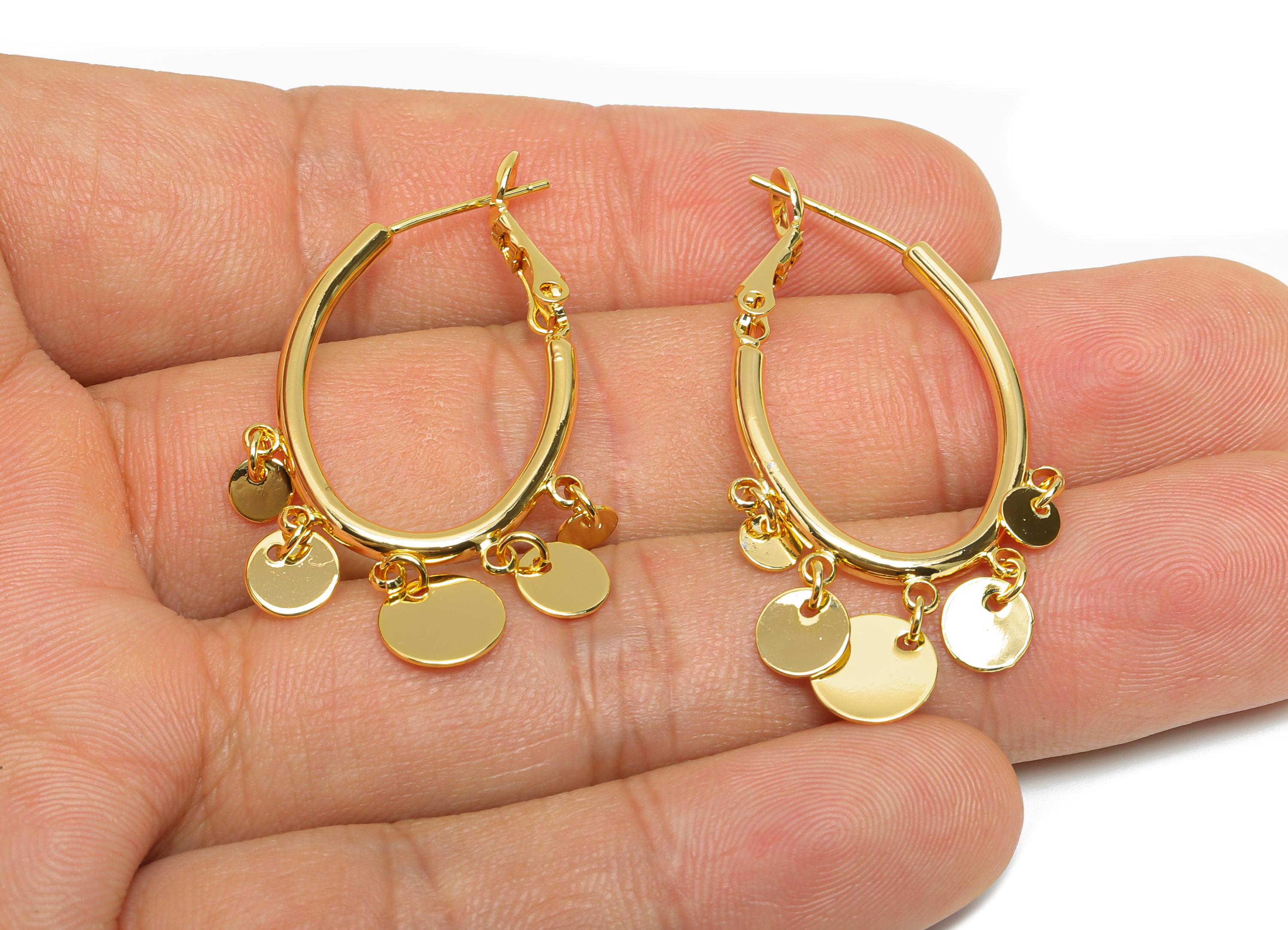 Brass Oval Hoop Dangle Earring - Gold Disc Hanging Earring - Shiny Geometric Clasp Back Earring - 18K Gold Plated - 43x21.5x2.2mm - RGP9535 - DOMEDBAZAAR