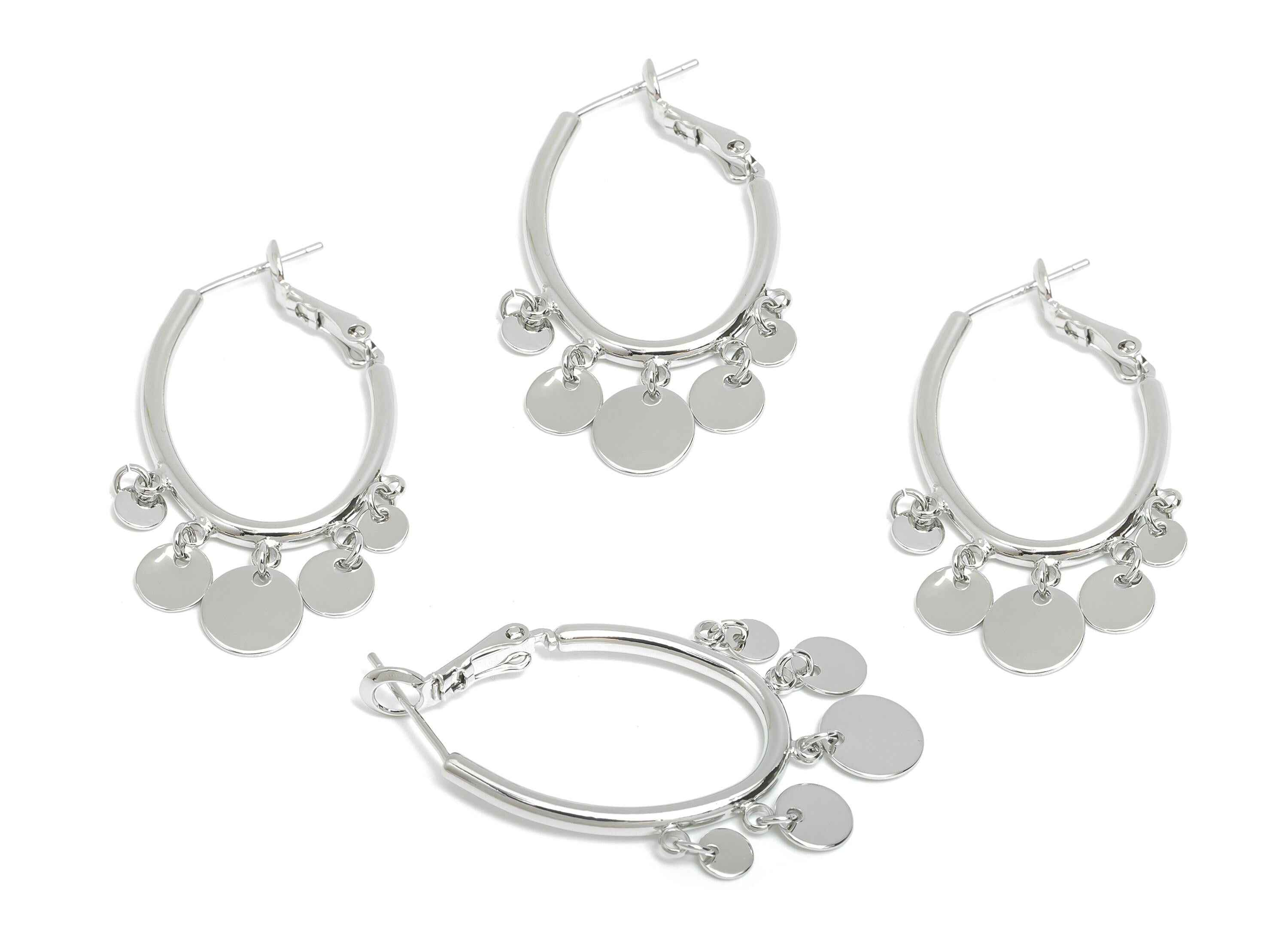Brass Oval Hoop Dangle Earring - Silver Disc Hanging Earring - Shiny Clasp Back Earring - 18K White Gold Plated - 43x21.5x2.2mm - RGP9535S - DOMEDBAZAAR