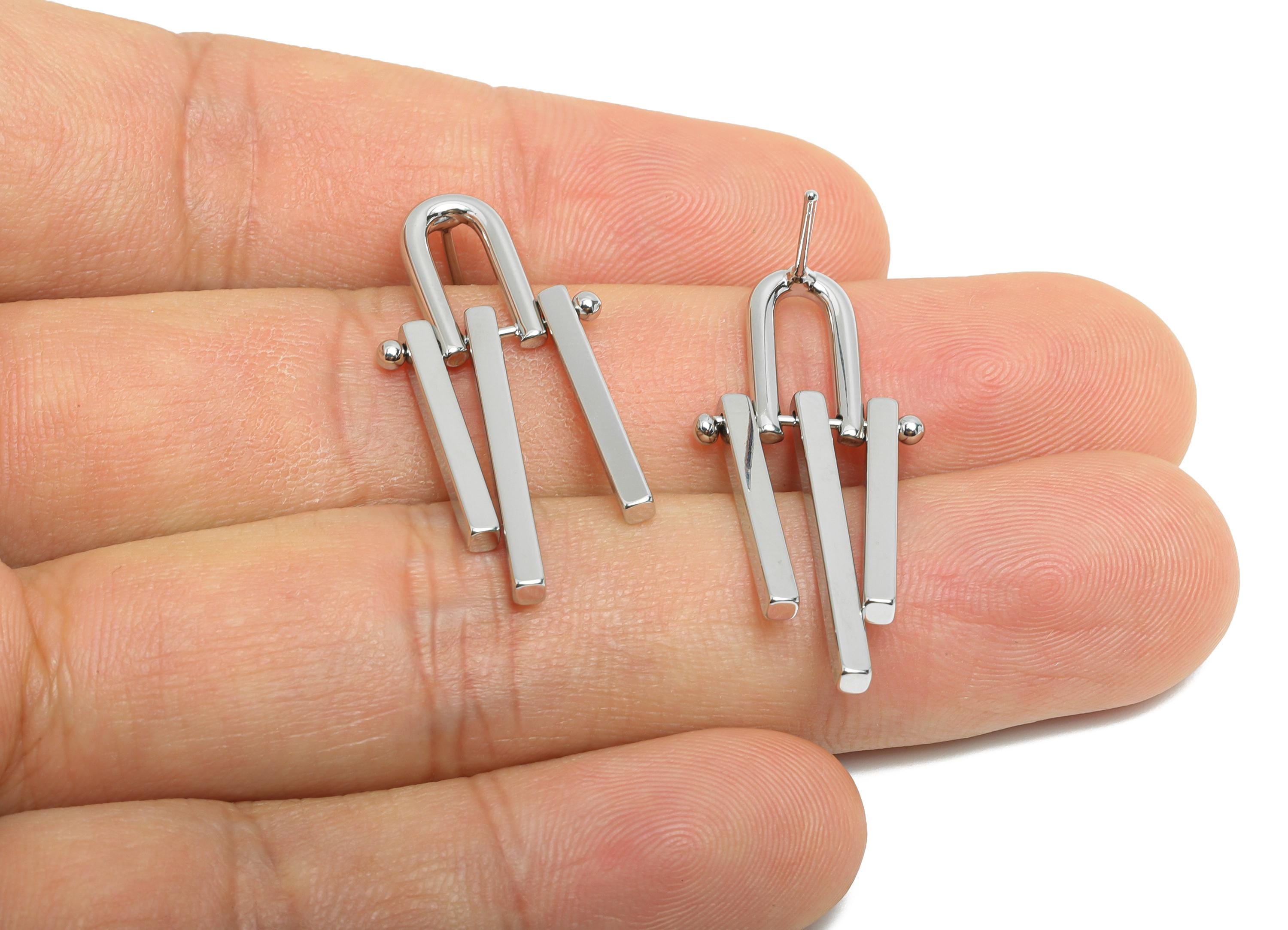 Brass Triple Bars Tassel Earring - White Unique Earring Post - Geometric Dangling Earring -18K Real White Gold Plated -32.8x15x2mm -RGP9534S - DOMEDBAZAAR