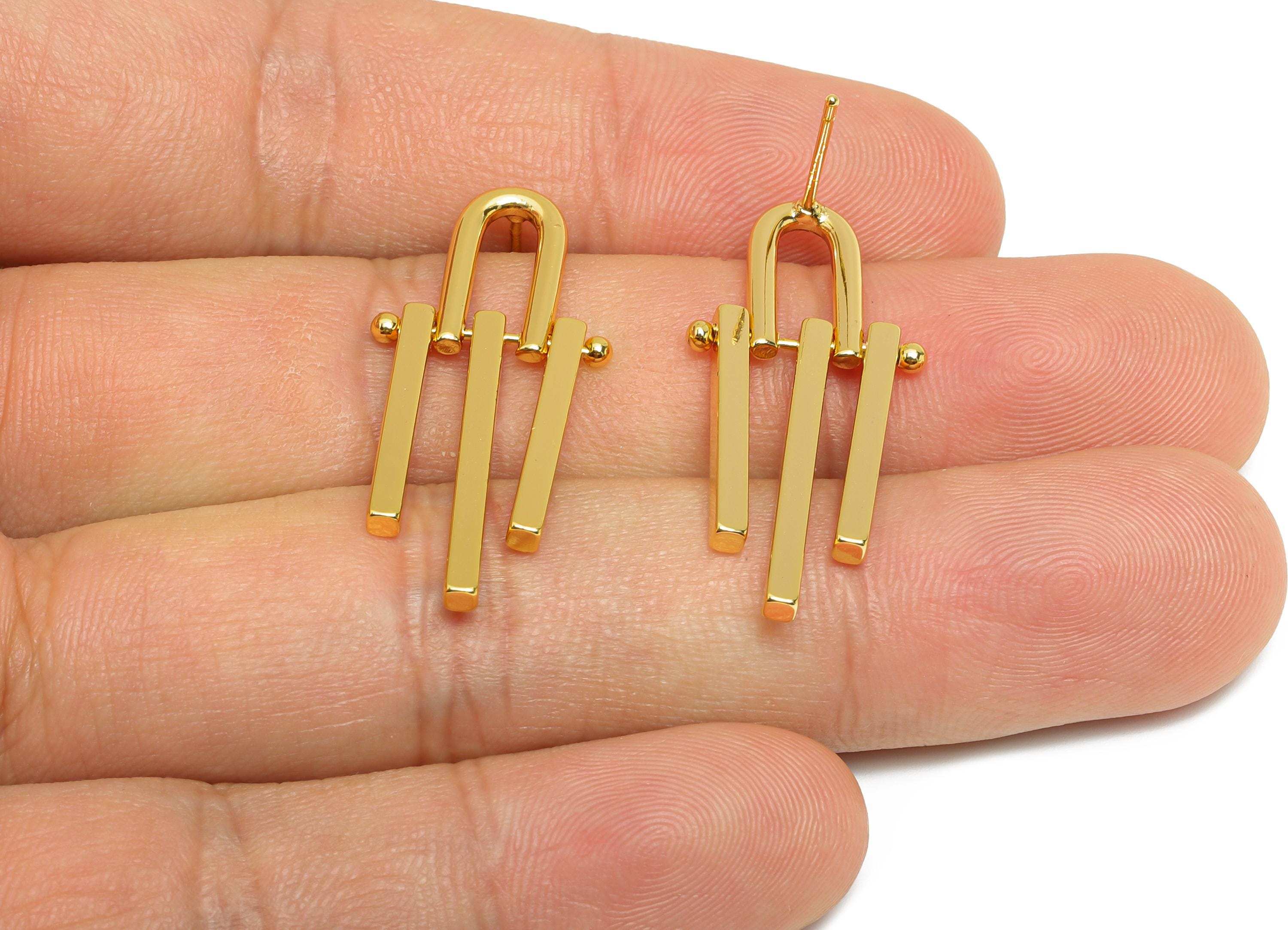 Brass Triple Bars Tassel Earrings - Gold Unique Earring Post - Geometric Dangling Earring - 18K Real Gold Plated Brass -32.8x15x2mm -RGP9534 - DOMEDBAZAAR