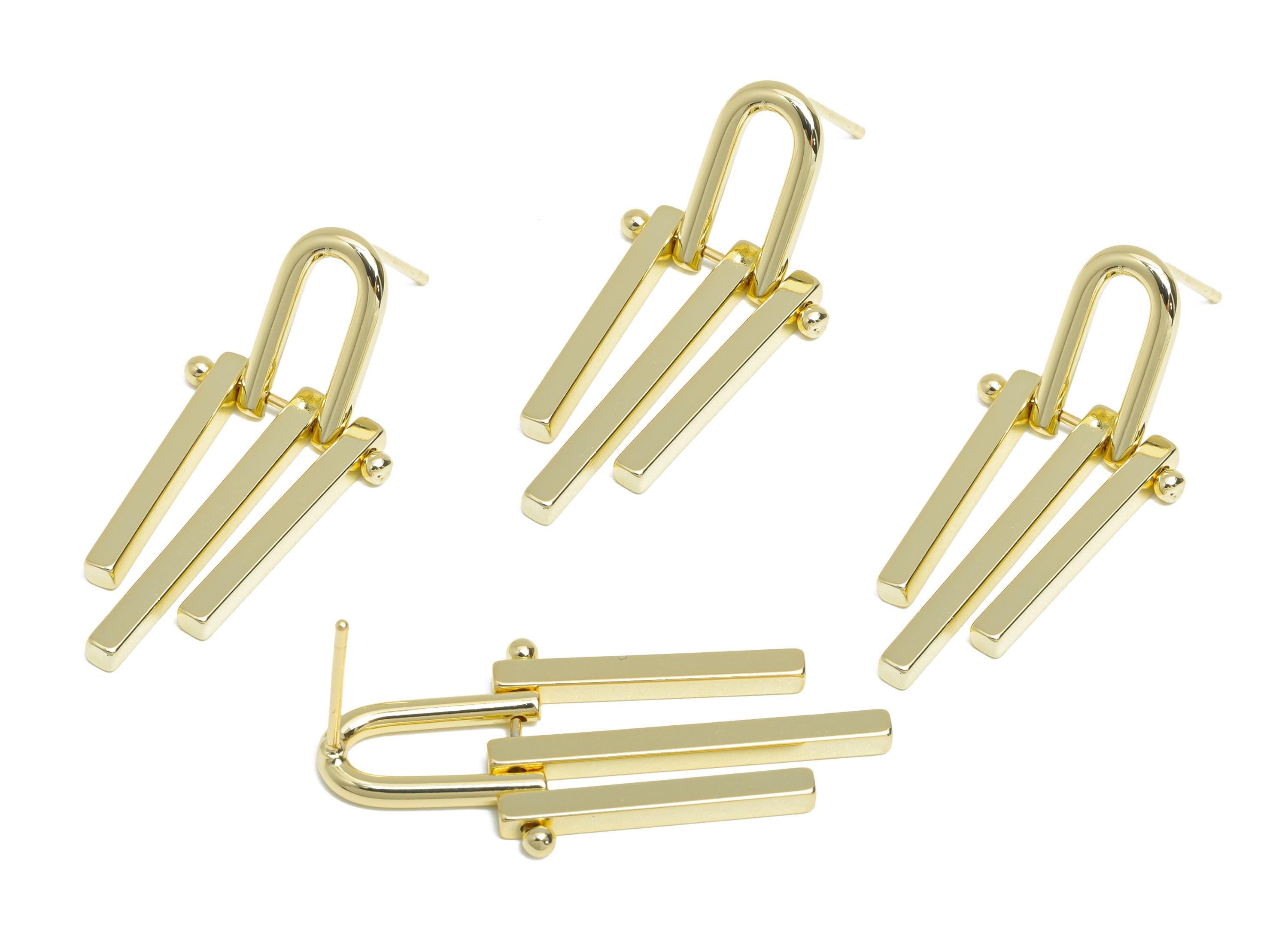 Brass Triple Bars Tassel Earring - Gold Unique Earring Post - Geometric Dangling Earring -14K Real Gold Plated Brass -32.8x15x2mm-RGP9534-14 - DOMEDBAZAAR