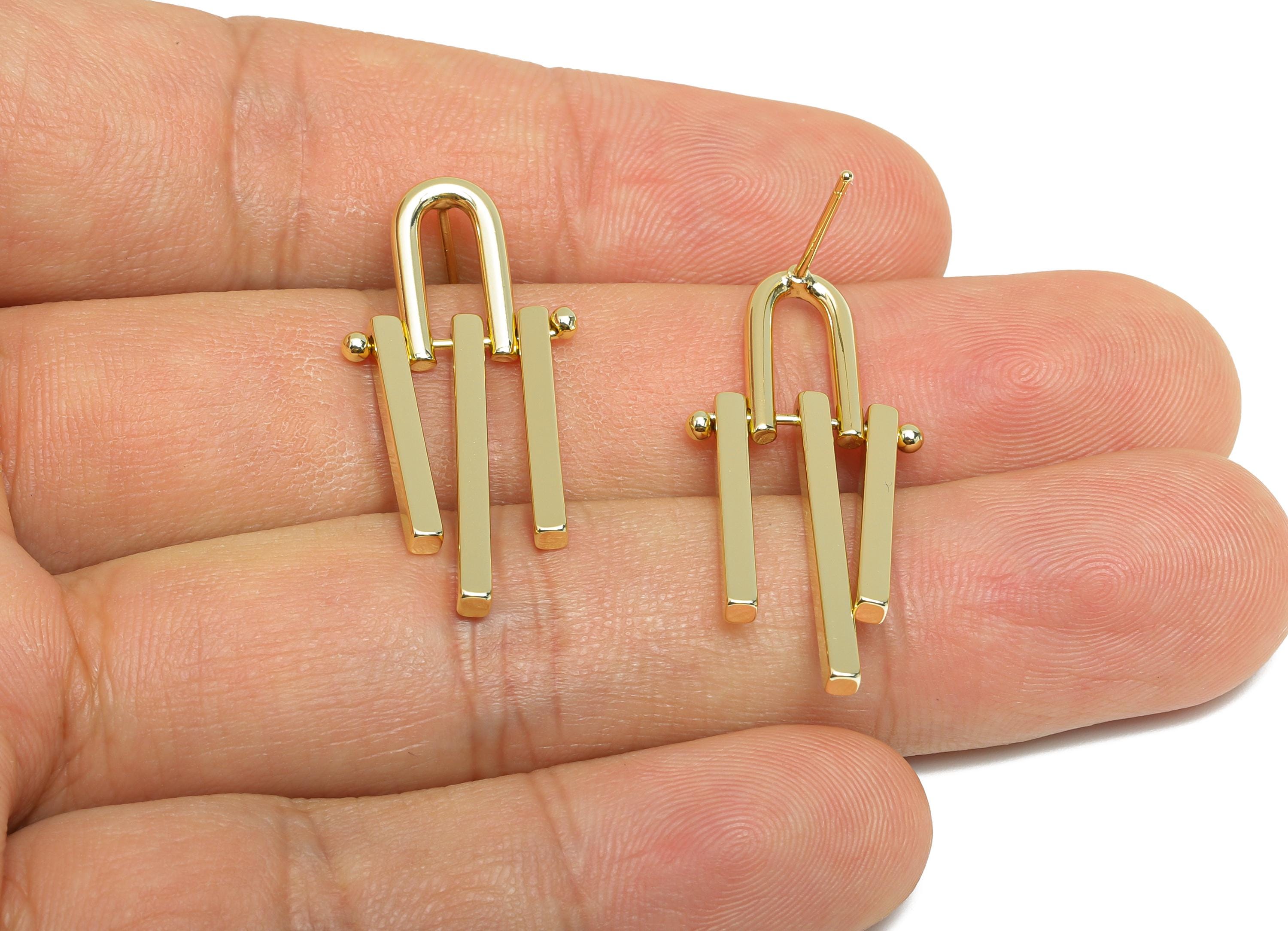 Brass Triple Bars Tassel Earring - Gold Unique Earring Post - Geometric Dangling Earring -14K Real Gold Plated Brass -32.8x15x2mm-RGP9534-14 - DOMEDBAZAAR