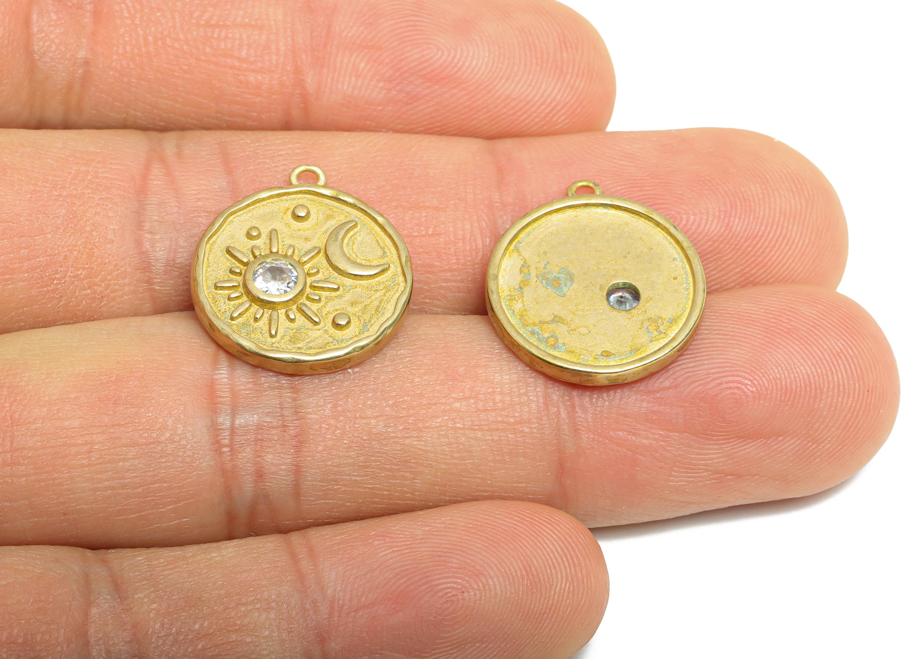 CZ Vintage Earring Charm - Raw Brass Zircon Sun and Crescent Pendant - Celestial Jewelry Charm - Astrological Jewelry - 19x16x2mm - PP11035 - DOMEDBAZAAR