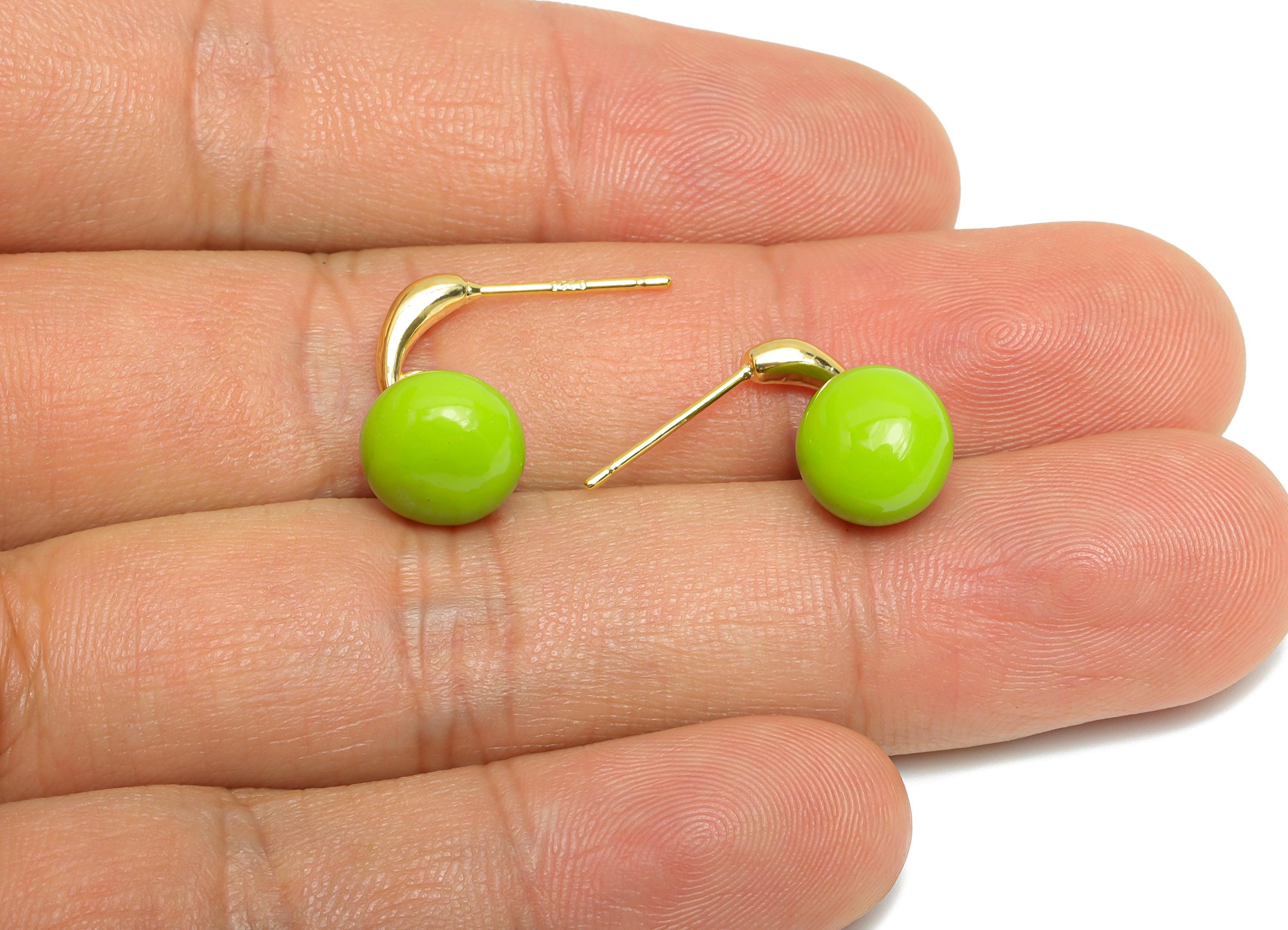 Brass Round Ball Dangle Earring - Green Enamel Ball Hanging Earring Post - Gold Everday Jewelry - 18K Gold Plated - 20x9.17x0.74mm -RGP9603D - DOMEDBAZAAR
