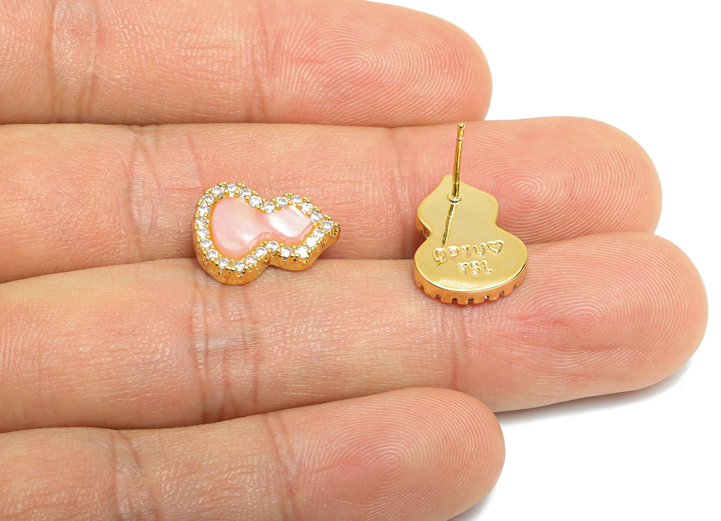Sparkling Zircon Earrings - Brass Pink Gourd Seashell Earring - Refined Gold Earring Post - 18K Gold Plated - 15.11x11.87x0.74mm - RGP9597B - DOMEDBAZAAR