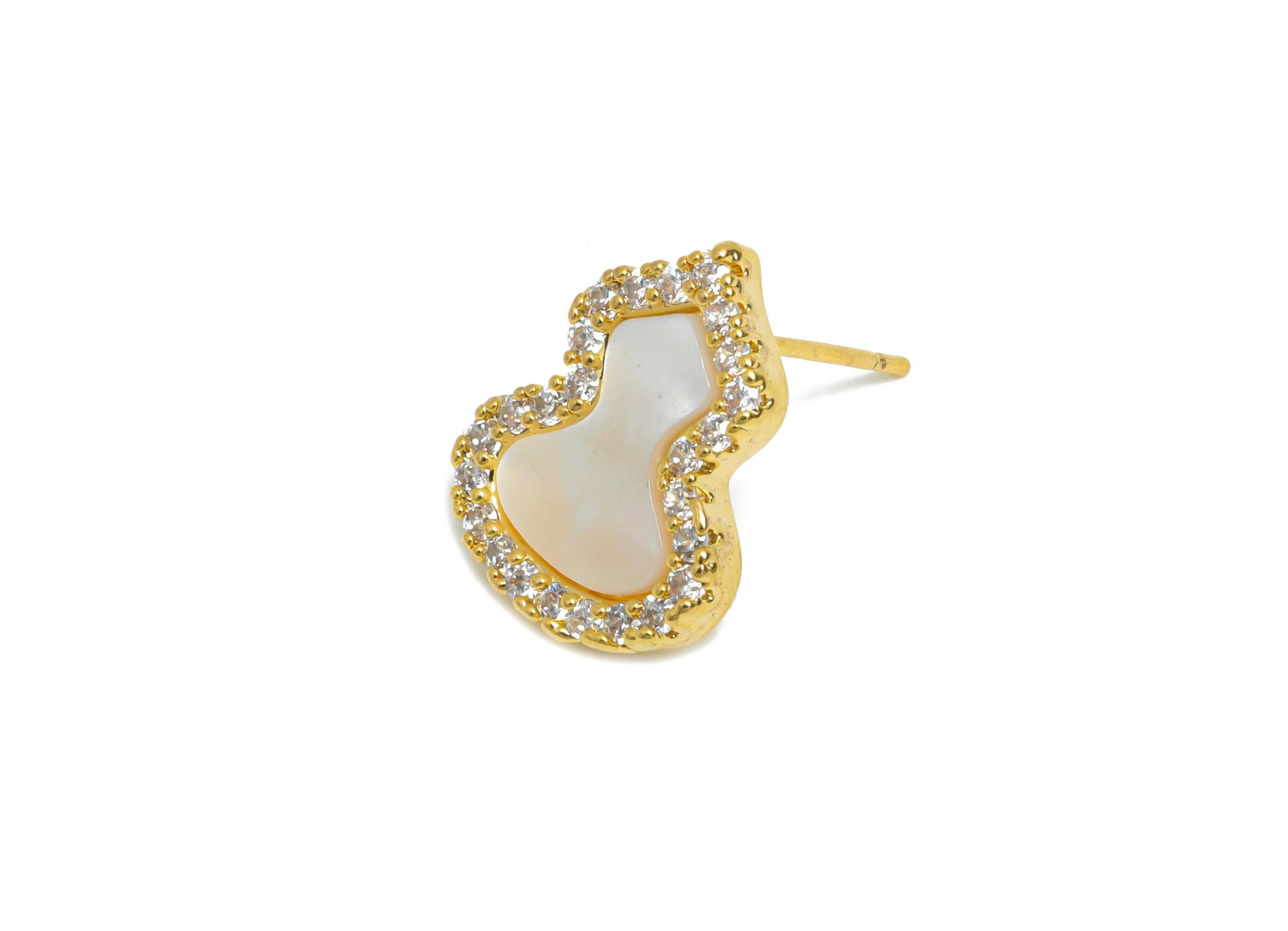 Sparkling Zircon Earrings - Brass Gourd Seashell Earring - Refined Gold Earring Post - 18K Real Gold Plated - 15.11x11.87x0.74mm - RGP9597C - DOMEDBAZAAR
