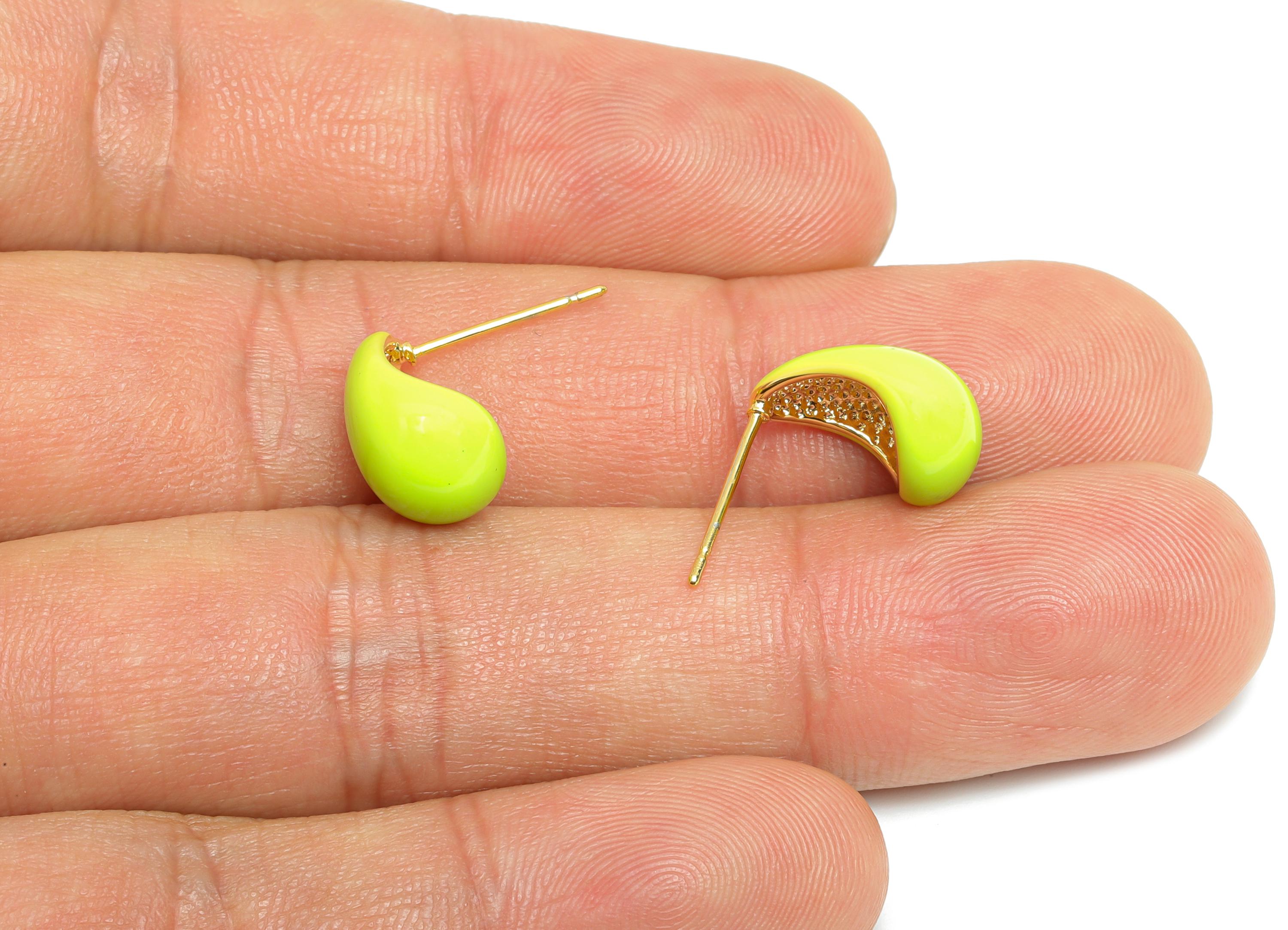 Brass Teardrop Stud Earring - Green Curved Drop Enamel Earring Post - Gold Everday Jewelry - 18K Real Gold Plated -13.4x9.11x0.74mm-RGP9602D - DOMEDBAZAAR