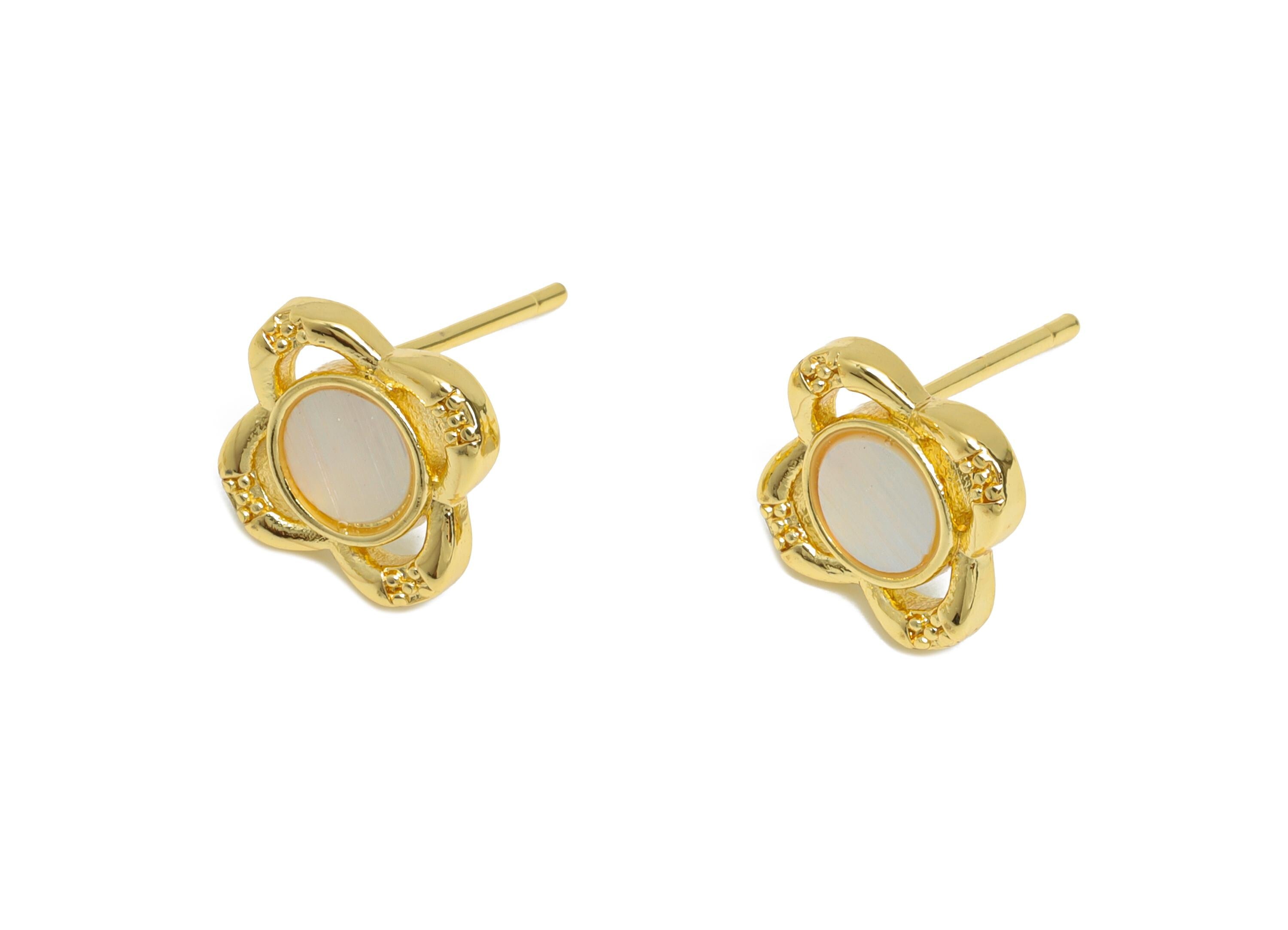 Sparkling Zircon Earrings - Brass Flower Seashell Earrings - Refined Gold Earring Post - 18K Real Gold Plated - 10.7x10.86x0.79mm - RGP9615 - DOMEDBAZAAR