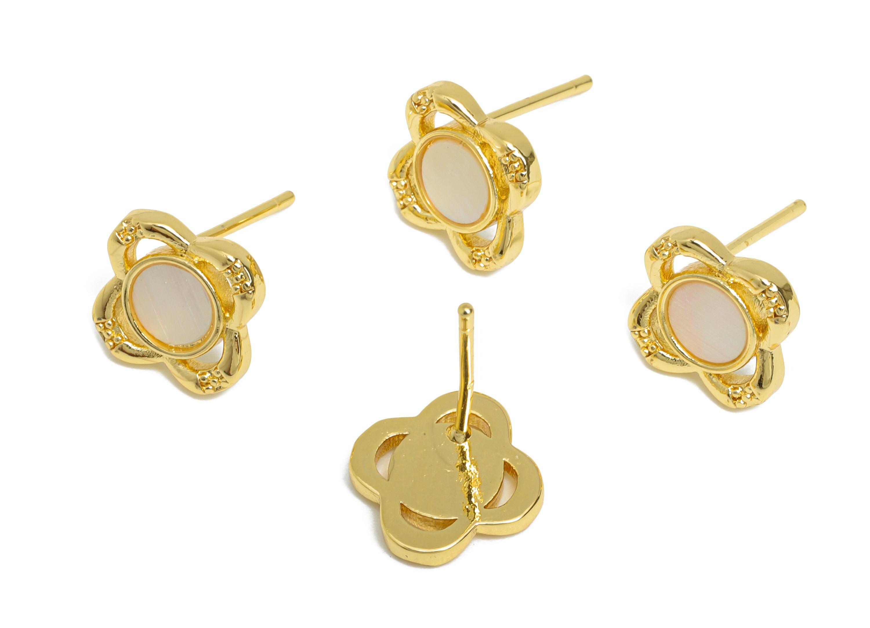 Sparkling Zircon Earrings - Brass Flower Seashell Earrings - Refined Gold Earring Post - 18K Real Gold Plated - 10.7x10.86x0.79mm - RGP9615 - DOMEDBAZAAR