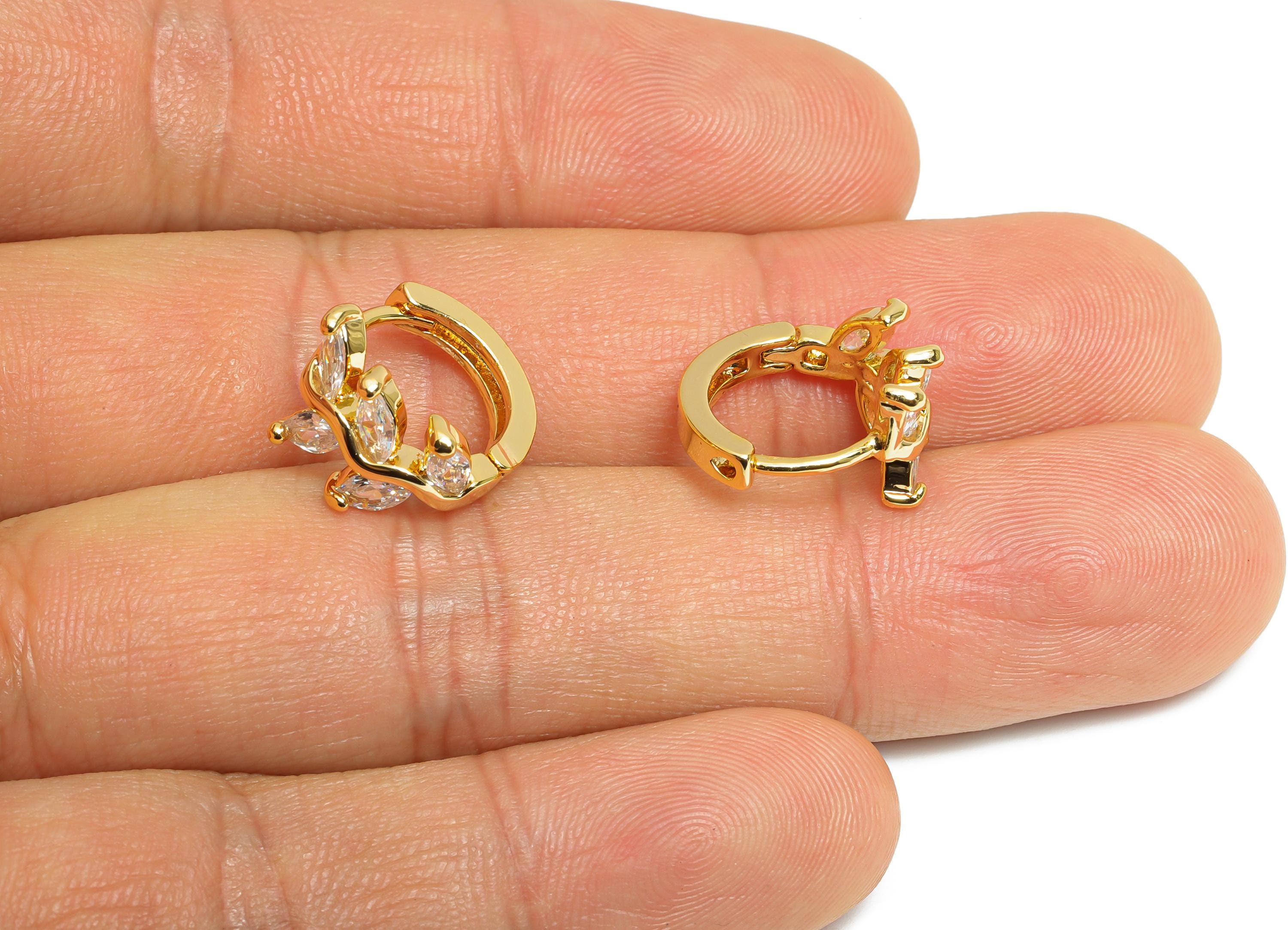 Brass Leaf Sparking Hoop - Brass Chic Huggie Hoop Clasp - Elegant Branch Cubic Zircon Earring - 18K Real Gold Plating - 15x6x3mm - RGP9684 - DOMEDBAZAAR