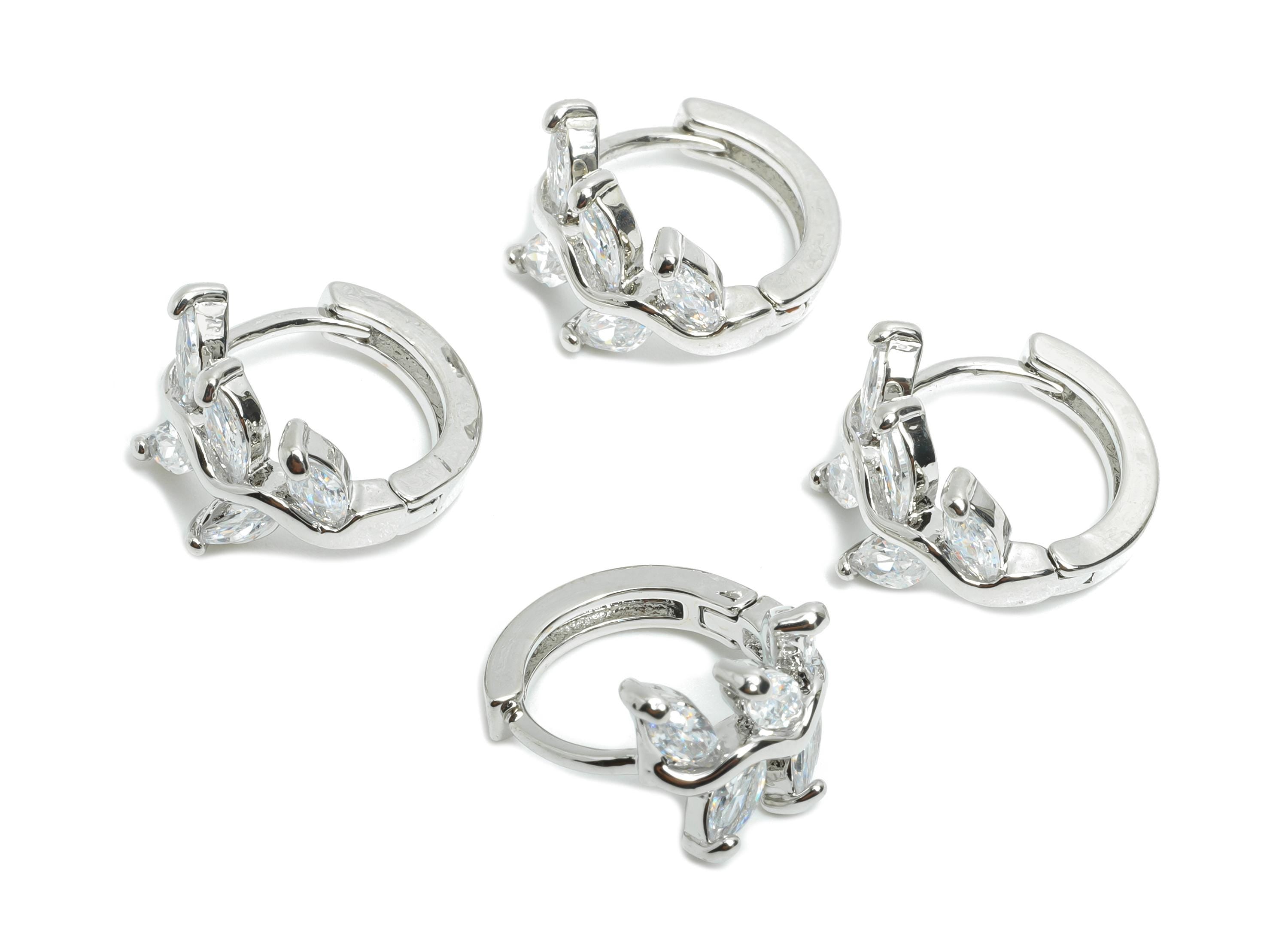Leaf Sparking Hoop - Brass Chic Huggie Hoop Clasp - Elegant Branch Cubic Zircon Earring - 18K Real White Gold Plating - 15x6x3mm - RGP9684S - DOMEDBAZAAR