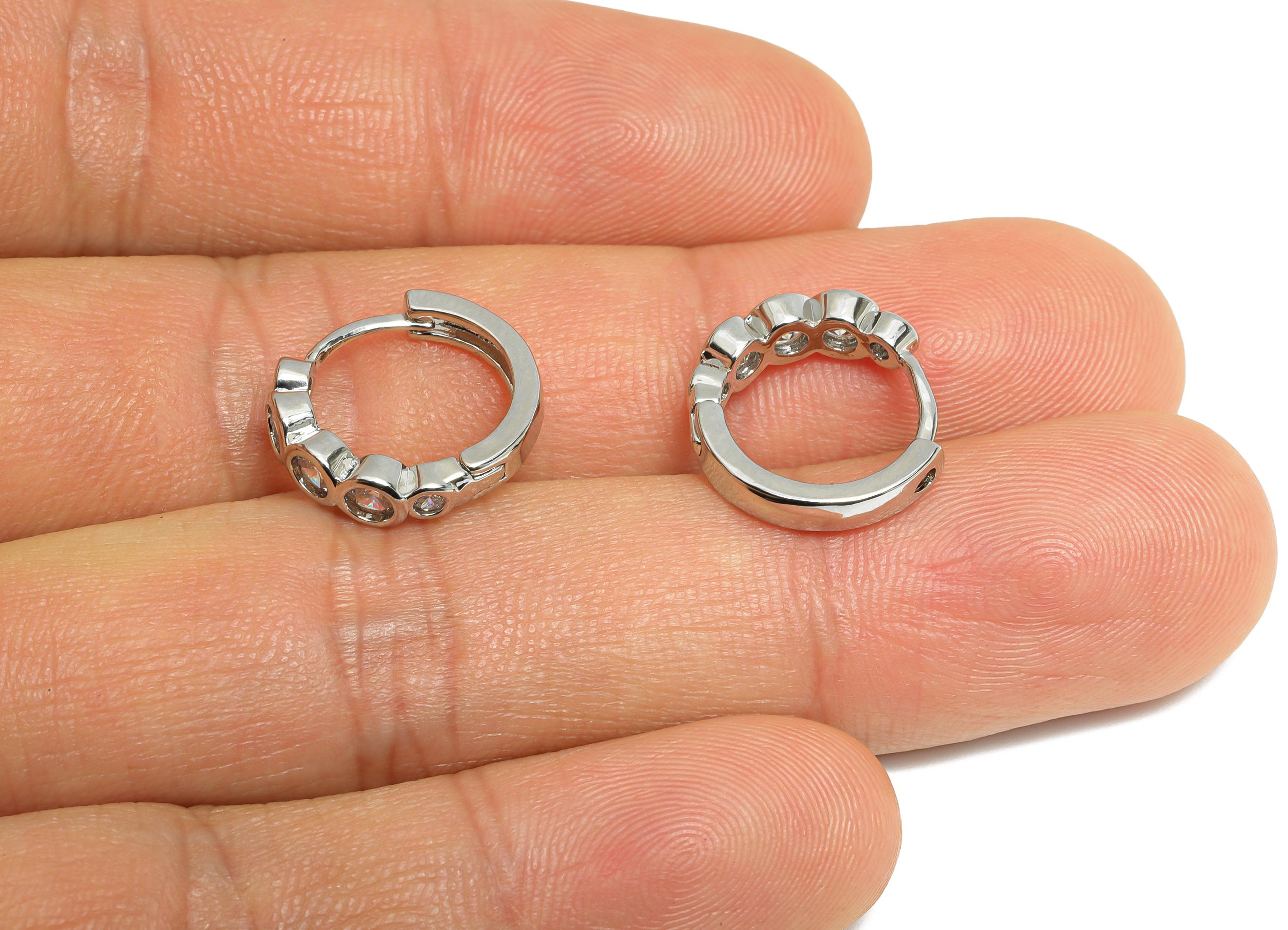 Brass Beaded Sparking Hoop - Brass Huggie Hoop Clasp - Elegant Tiny Cubic Zircon Earring - 18K Real White Gold Plating - 15x4x2mm - RGP9682S - DOMEDBAZAAR