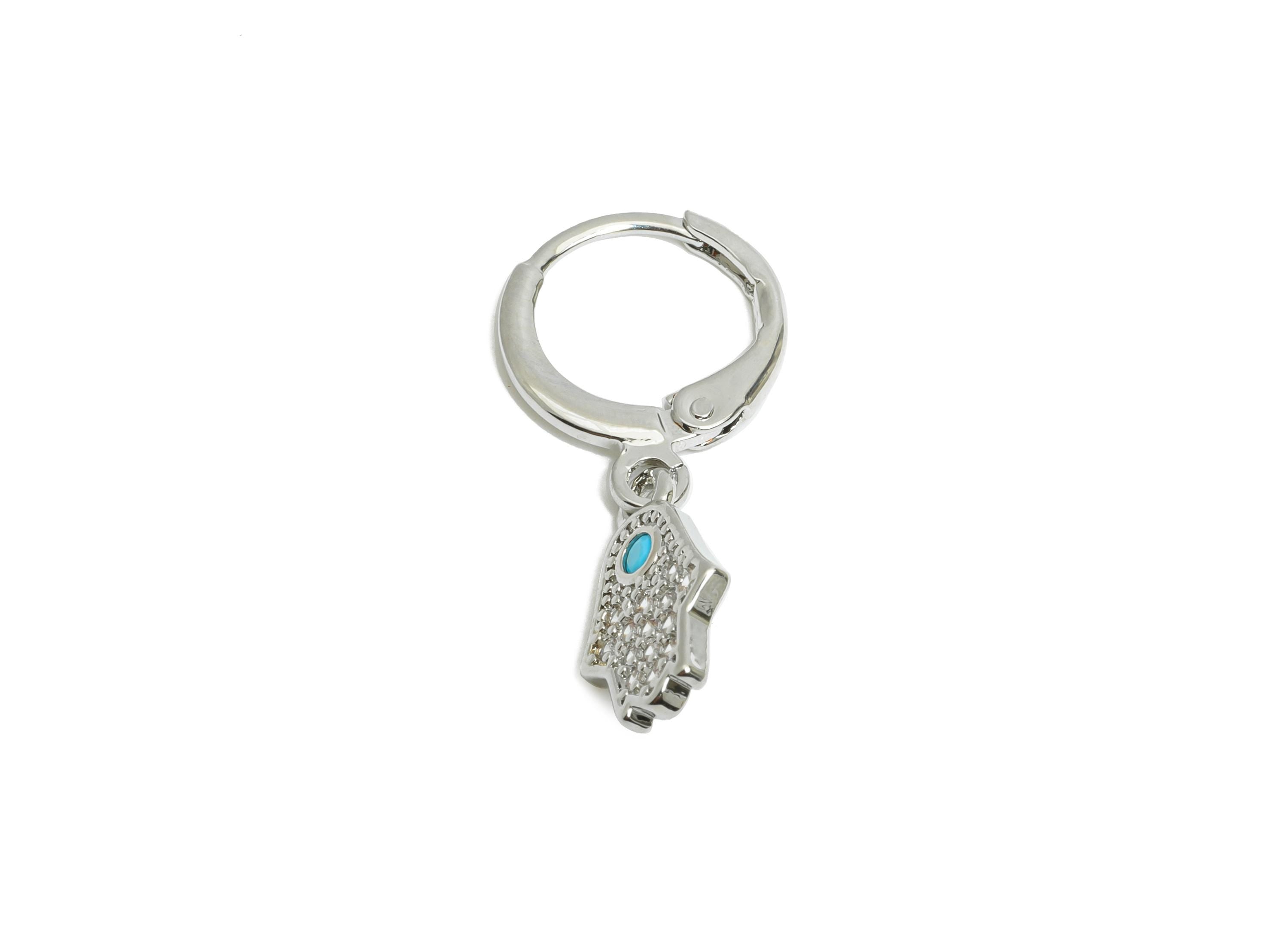 Silver Hamsa Leverback Earring - Brass Dangle Huggie Hoop Clasp - Cubic Zircon Earring - 18K Real White Gold Plated - 13x8x1mm - RGP9680S - DOMEDBAZAAR