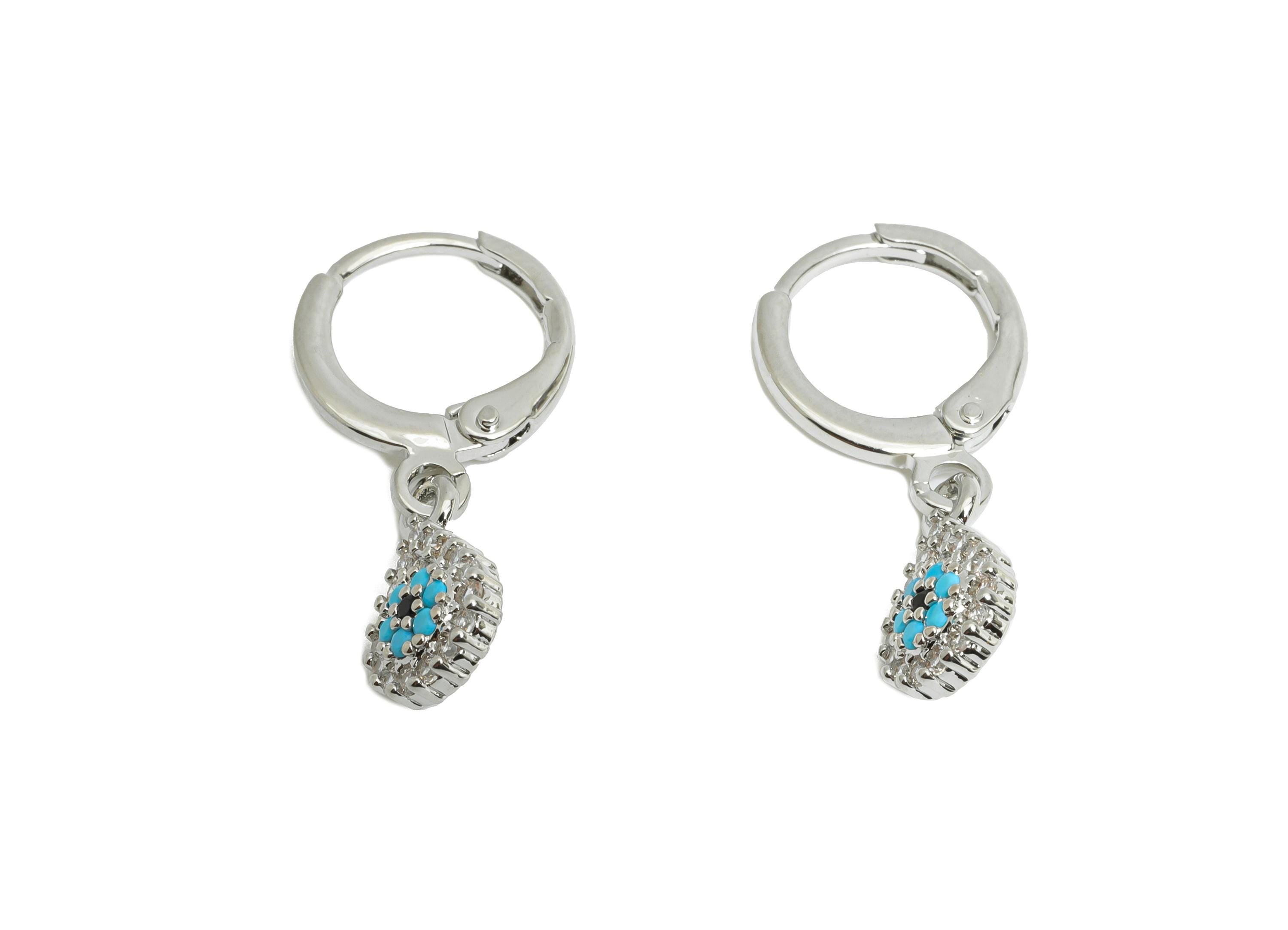 Silver Evil Eye Leverback Earing - Brass Dangle Huggie Hoop Clasp - Cubic Zircon Earring - 18K Real White Gold Plated - 11x7x2mm - RGP9679S - DOMEDBAZAAR