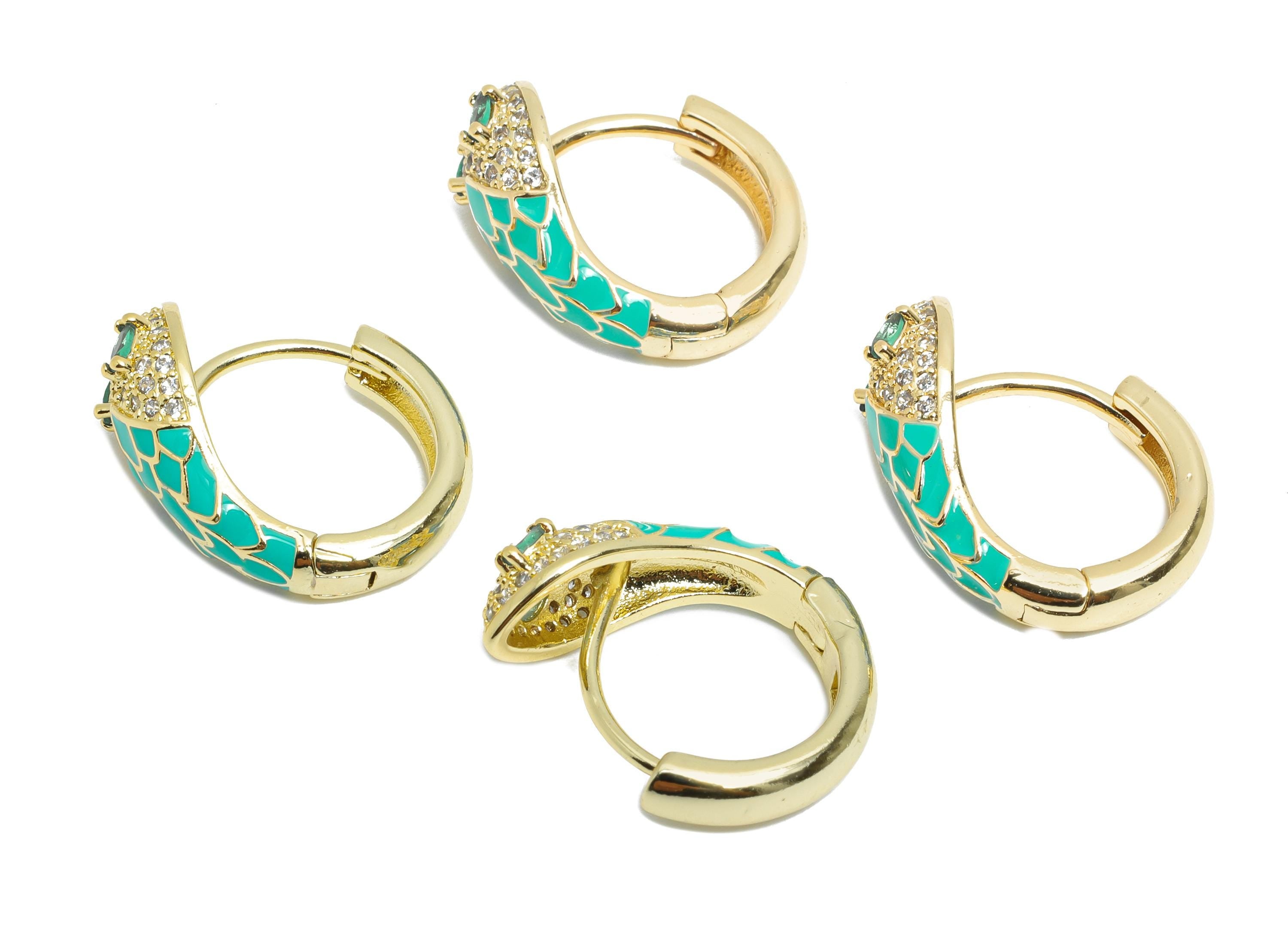 Snake Hoop Earring - Brass Green Enamel Huggie Hoop - Cubic Zircon Dainty Animal Hoop Earrings - 18K Real Gold Plating - 18x15x7mm - RGP9713 - DOMEDBAZAAR