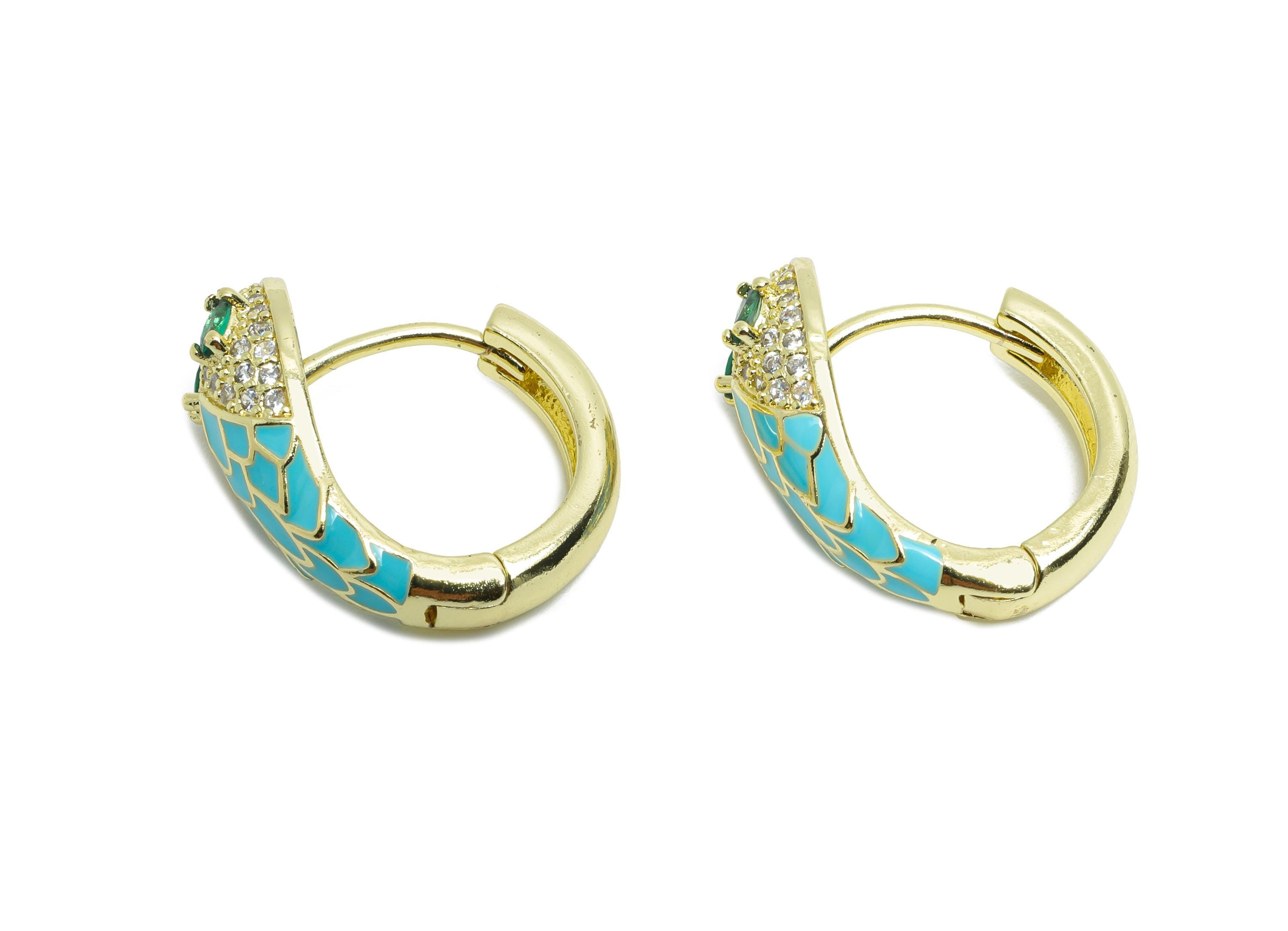 Snake Hoop Earring - Brass Blue Enamel Huggie Hoop - Cubic Zircon Dainty Animal Hoop Earrings - 18K Real Gold Plating - 18x15x7mm - RGP9712 - DOMEDBAZAAR