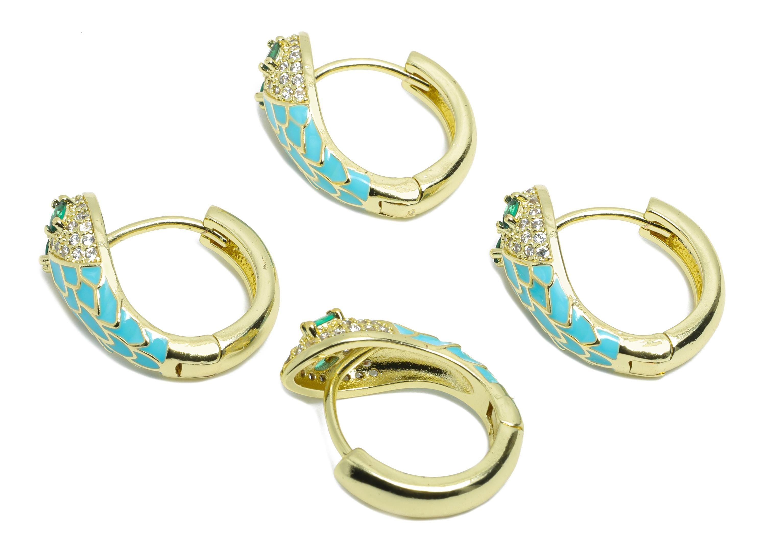 Snake Hoop Earring - Brass Blue Enamel Huggie Hoop - Cubic Zircon Dainty Animal Hoop Earrings - 18K Real Gold Plating - 18x15x7mm - RGP9712 - DOMEDBAZAAR