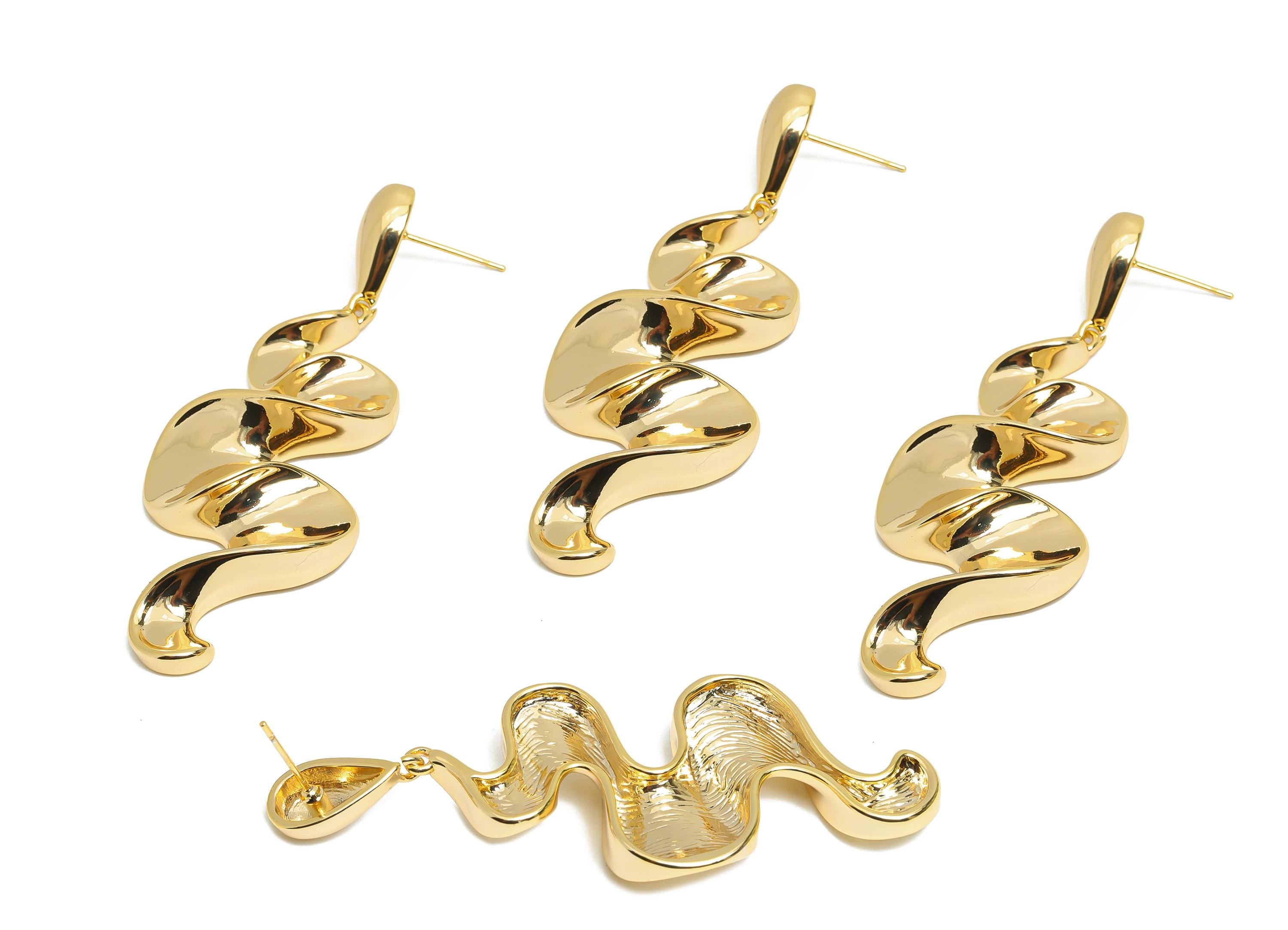 Abstract Spiral Drop Earring - Brass Dangling Earring Post - Bold Abstract Dainty Earring Stud - 18K Real Gold Plated - 68x24x7mm - RGP9645 - DOMEDBAZAAR