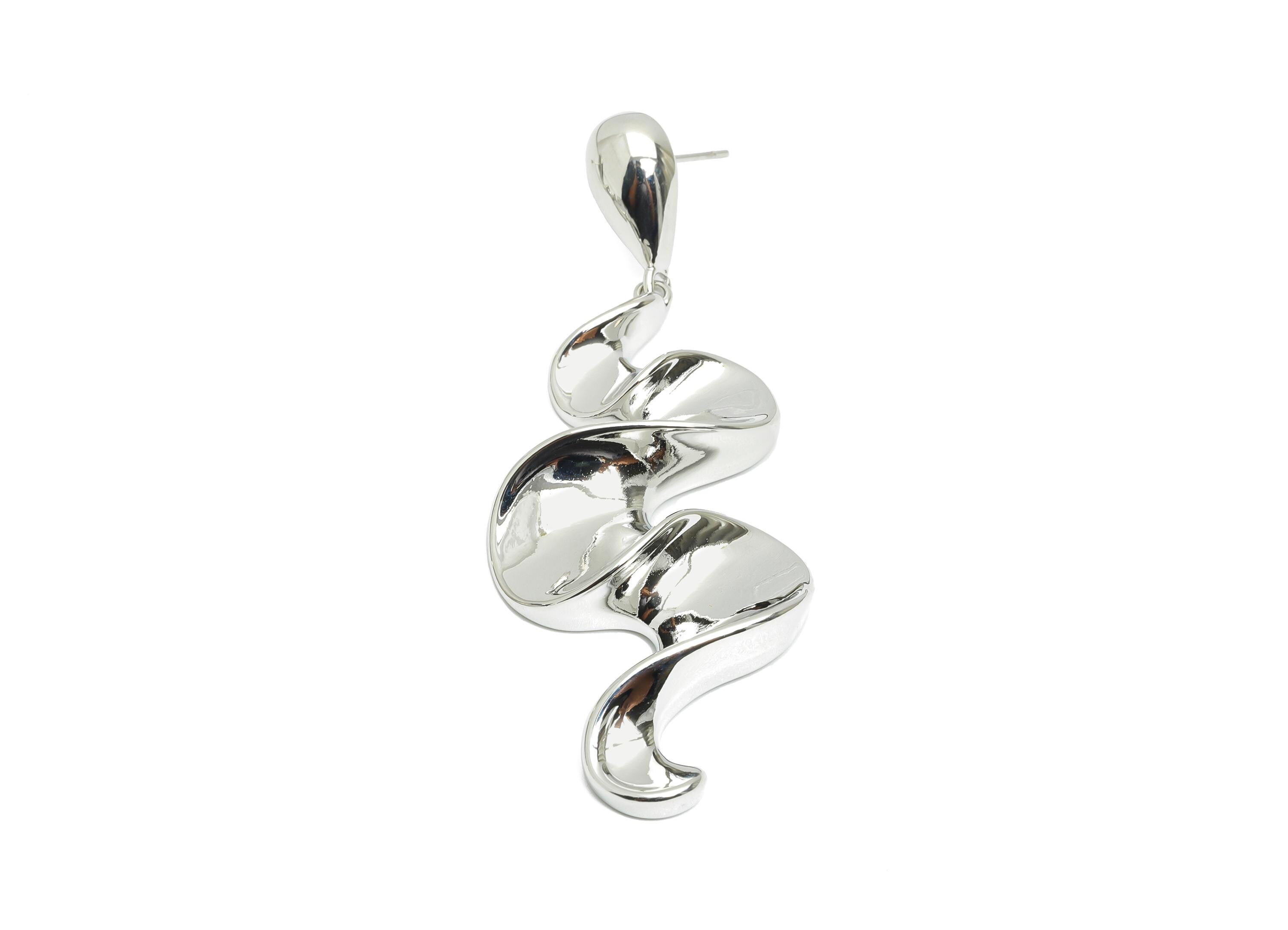 Abstract Spiral Drop Earring - Brass Dangling Earring Post - Bold Wavy Spiral Earring Stud - 18K Real White Gold Plated - 68x24x7mm-RGP9645S - DOMEDBAZAAR