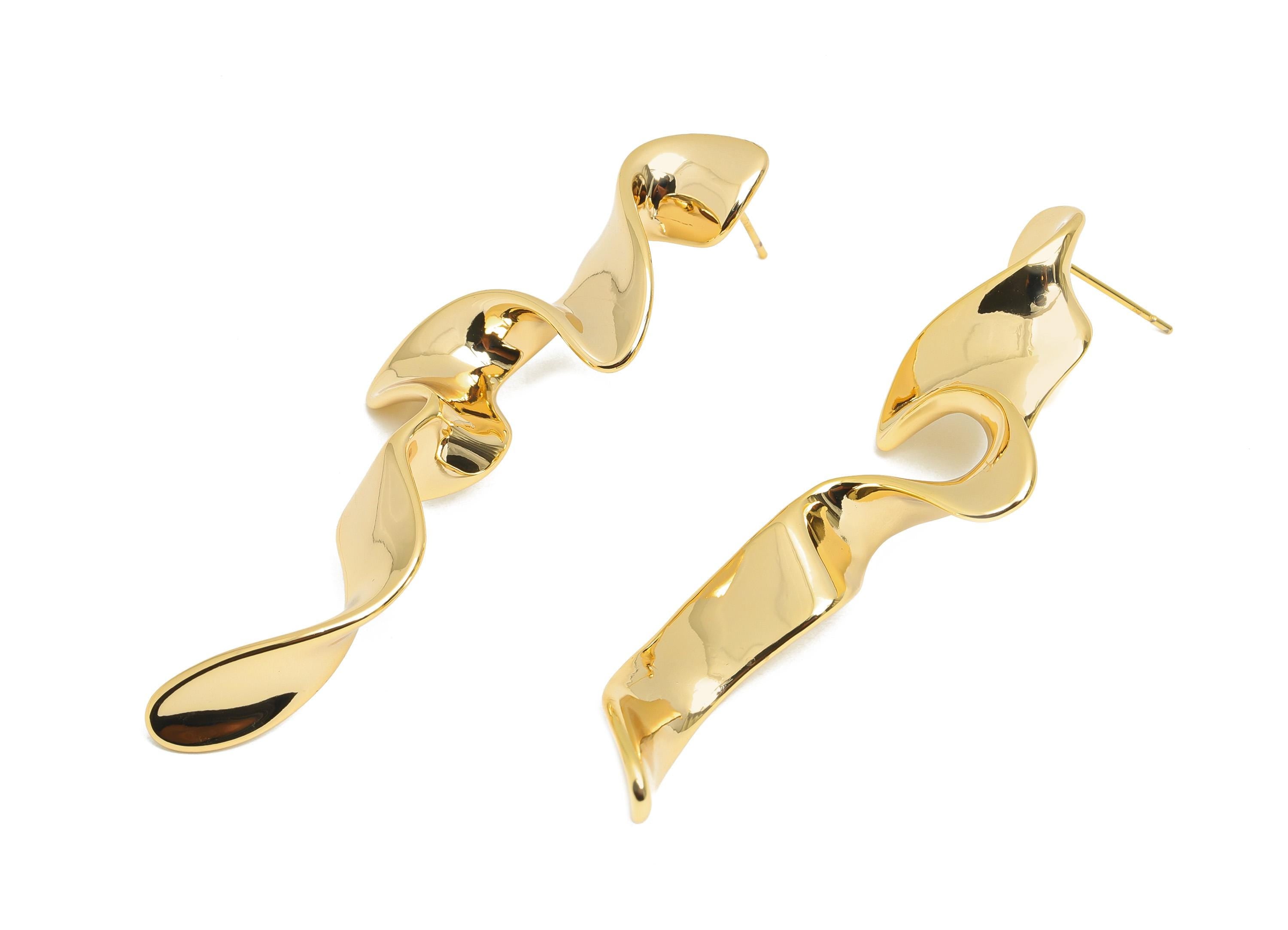 Curvy Abstract Earring Stud - Brass Twisted Gold Earring Post - Golden Ripple Earring Stud - 18K Real Gold Plated - 68x24x6.7mm - RGP9646 - DOMEDBAZAAR