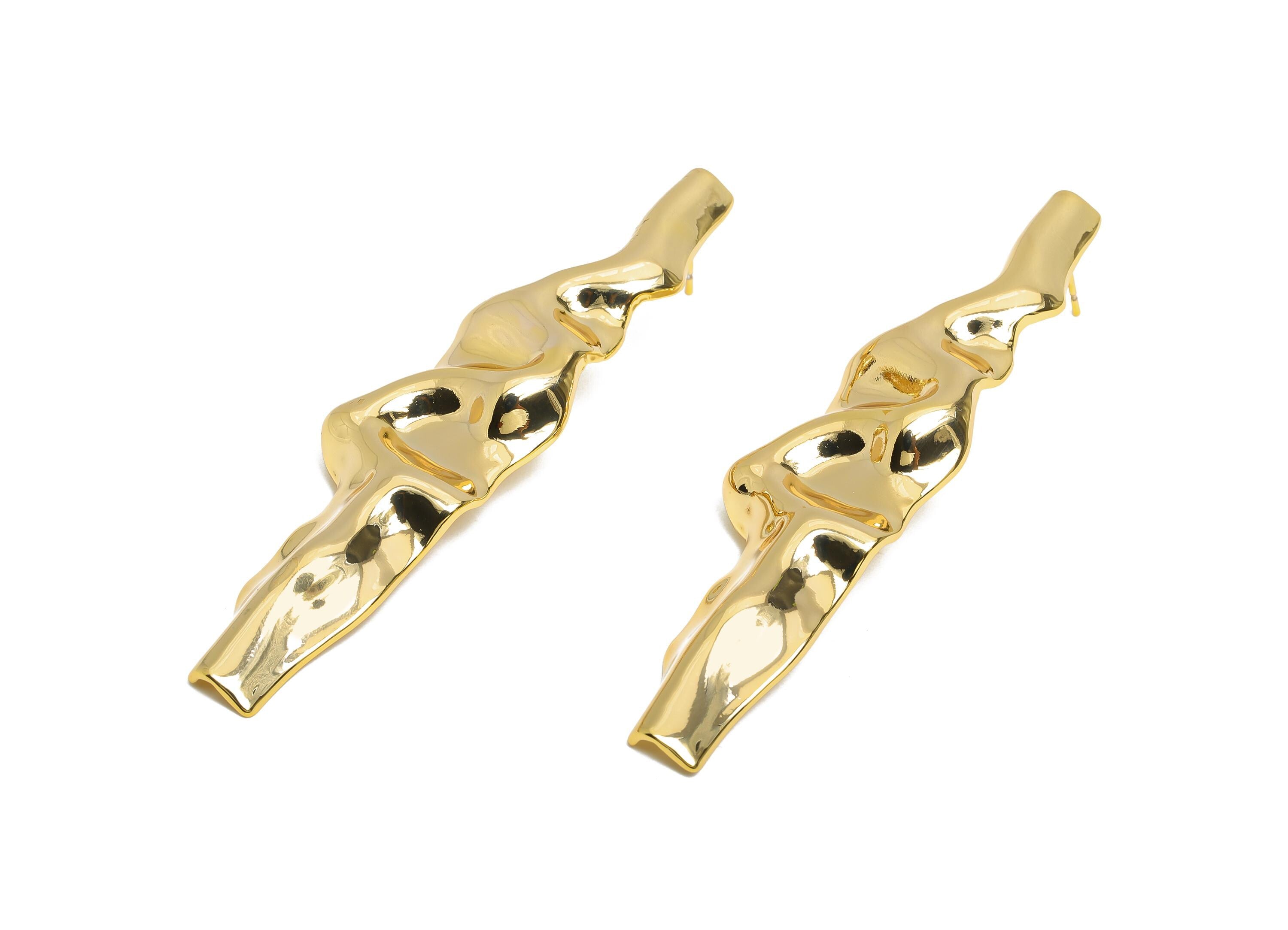 Bold Artistic Earring Stud - Brass Shiny Ripple Earring Post - Organic Gold Drop Earring Stud - 18K Real Gold Plated - 71x18x3.8mm - RGP9687 - DOMEDBAZAAR