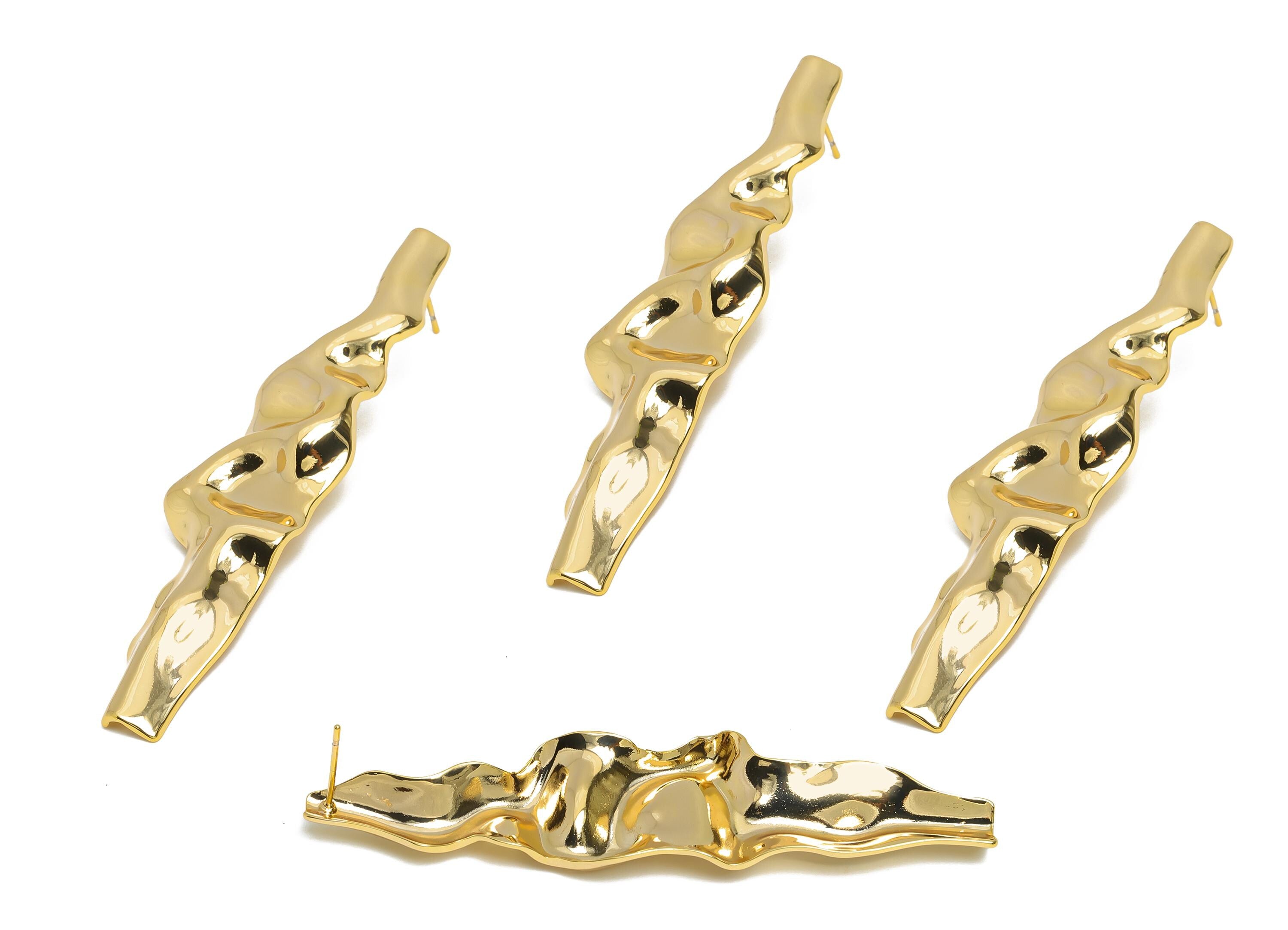 Bold Artistic Earring Stud - Brass Shiny Ripple Earring Post - Organic Gold Drop Earring Stud - 18K Real Gold Plated - 71x18x3.8mm - RGP9687 - DOMEDBAZAAR