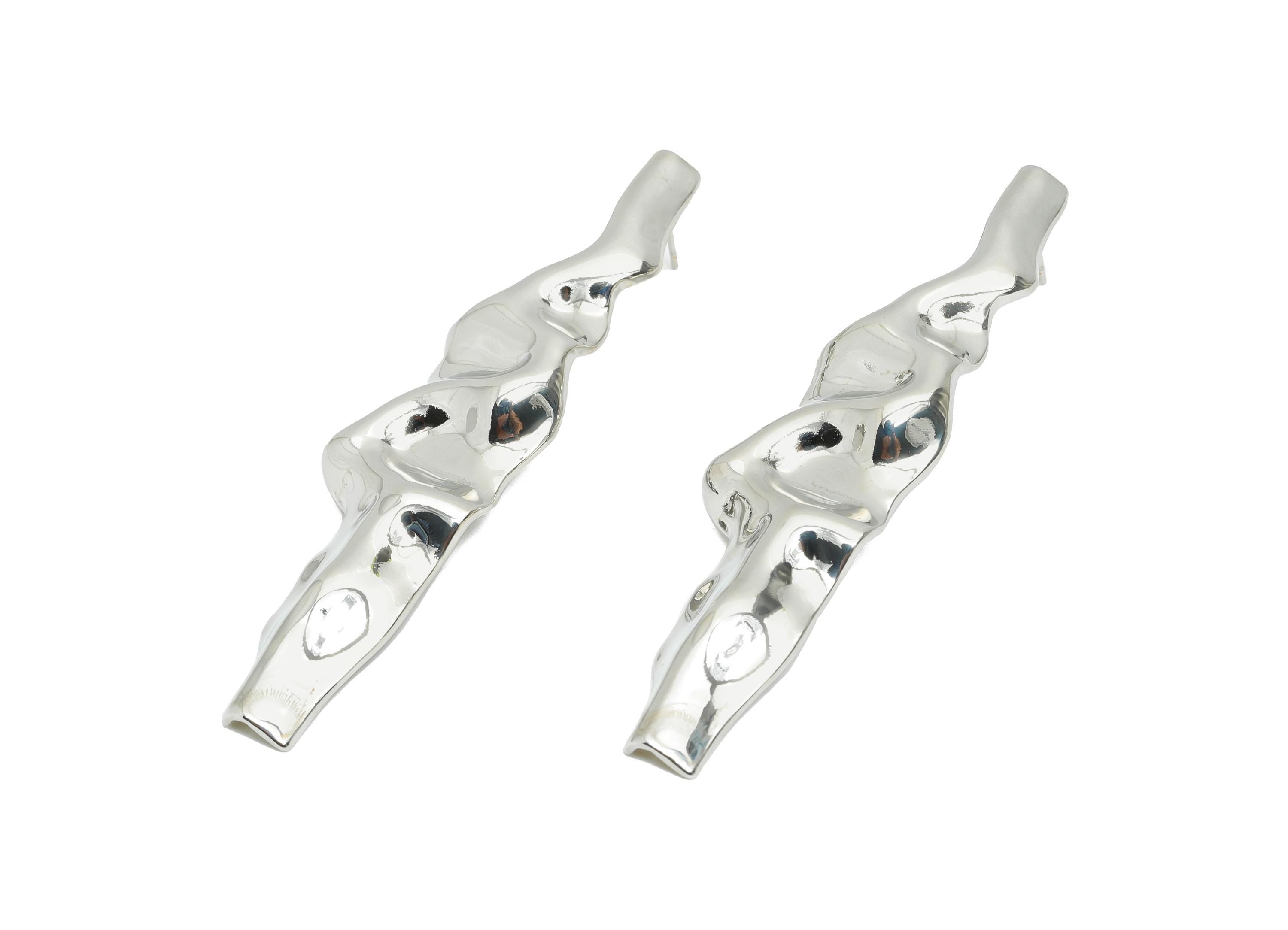 Bold Artistic Earring Stud - Brass Shiny Ripple Earring Post - Organic Drop Earring Stud - 18K Real White Gold Plated - 71x18x3mm - RGP9687S - DOMEDBAZAAR