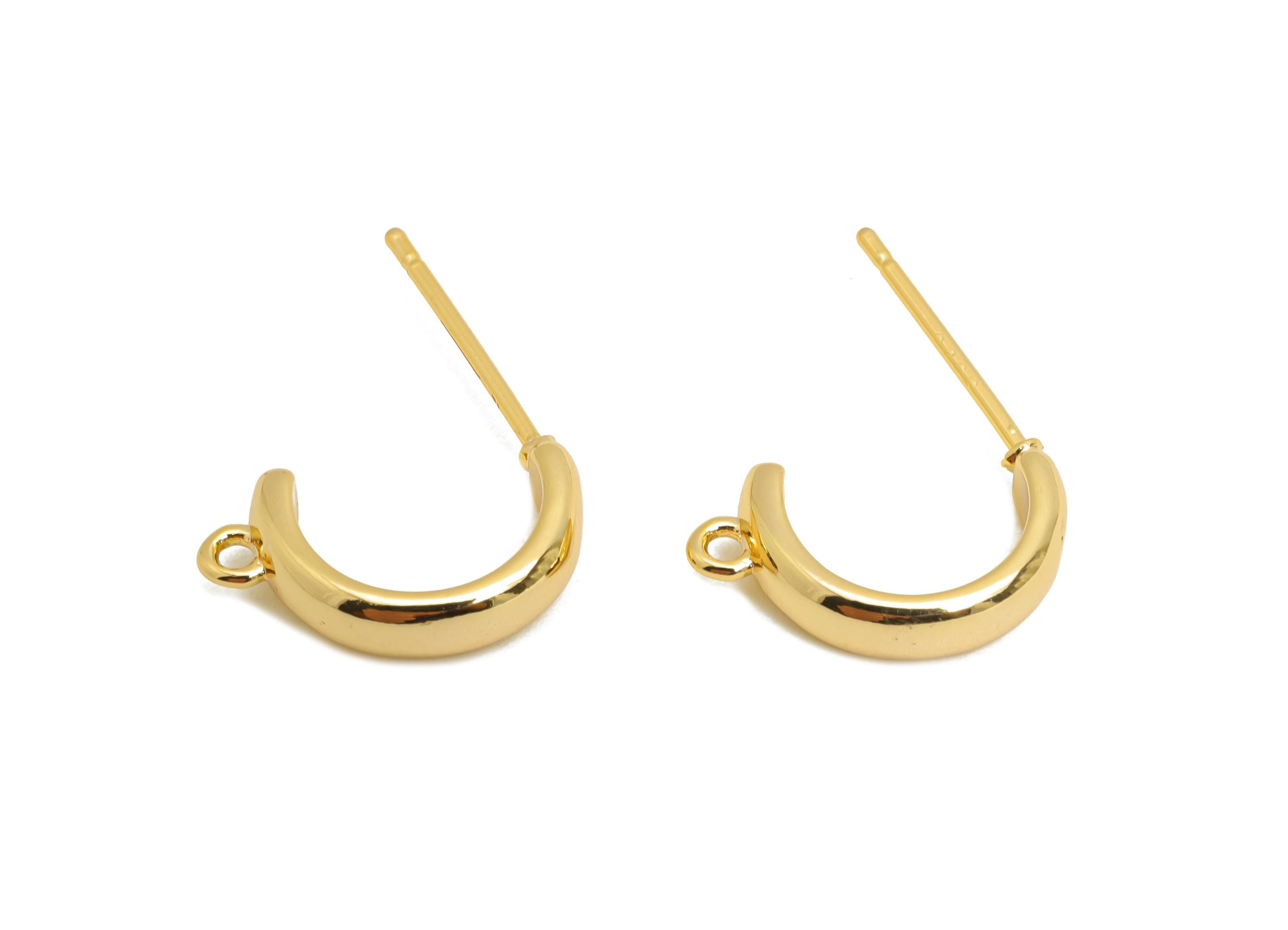 Brass Hoop Earring - Brass Mini C Hoop Earring Post With Loop - Customizable Shiny Earring Base - 18K Real Gold Plated - 14x8x3mm - RGP9656 - DOMEDBAZAAR