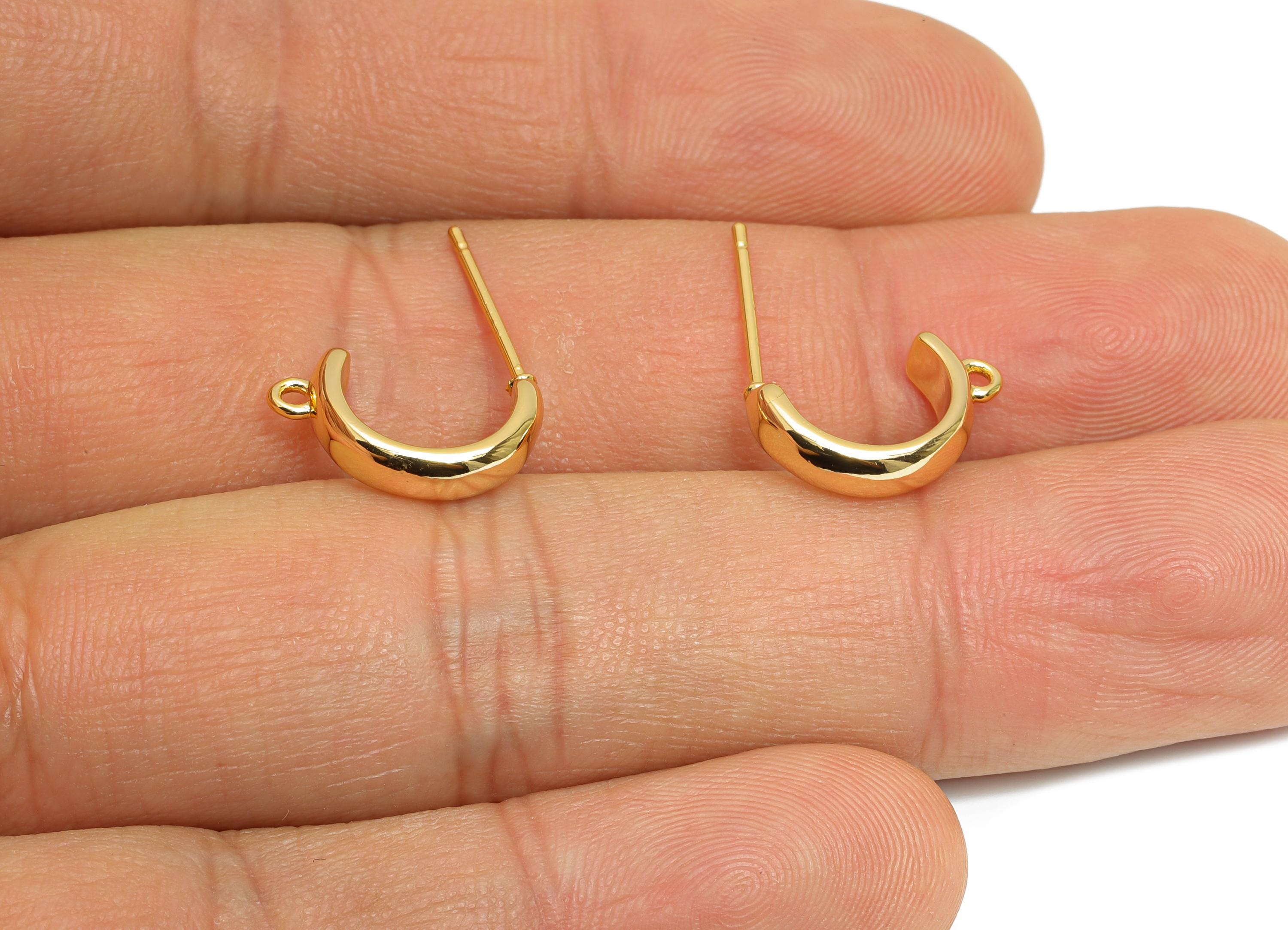 Brass Hoop Earring - Brass Mini C Hoop Earring Post With Loop - Customizable Shiny Earring Base - 18K Real Gold Plated - 14x8x3mm - RGP9656 - DOMEDBAZAAR