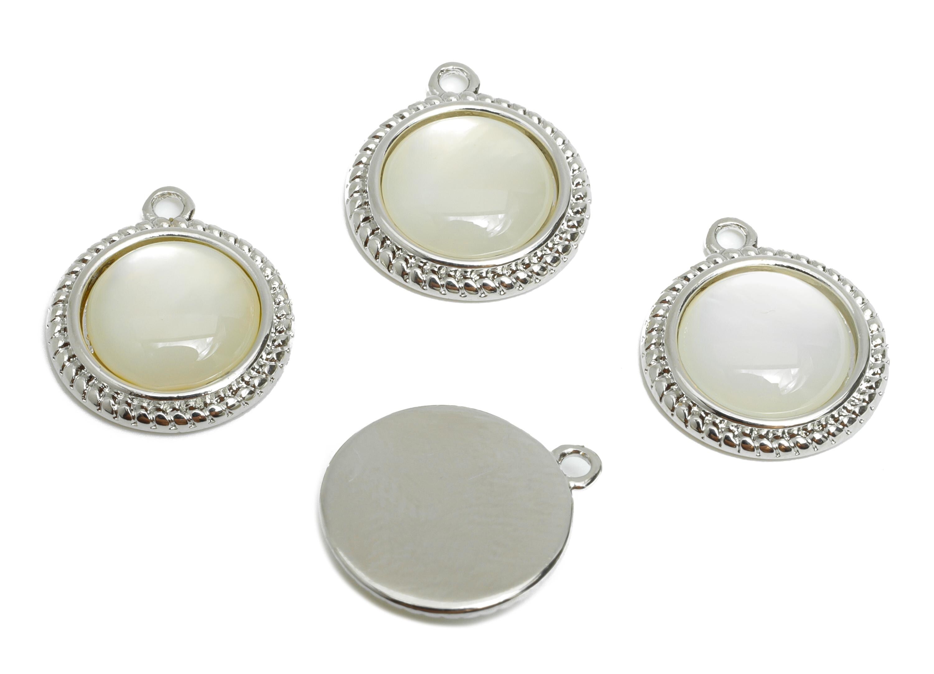 Brass Round Earring Charm - Silver Seashell Pendant for Necklace - Textured Circle Charm - 18K White Gold-Plated - 14.5x12.5x3.73mm -RGP9550 - DOMEDBAZAAR