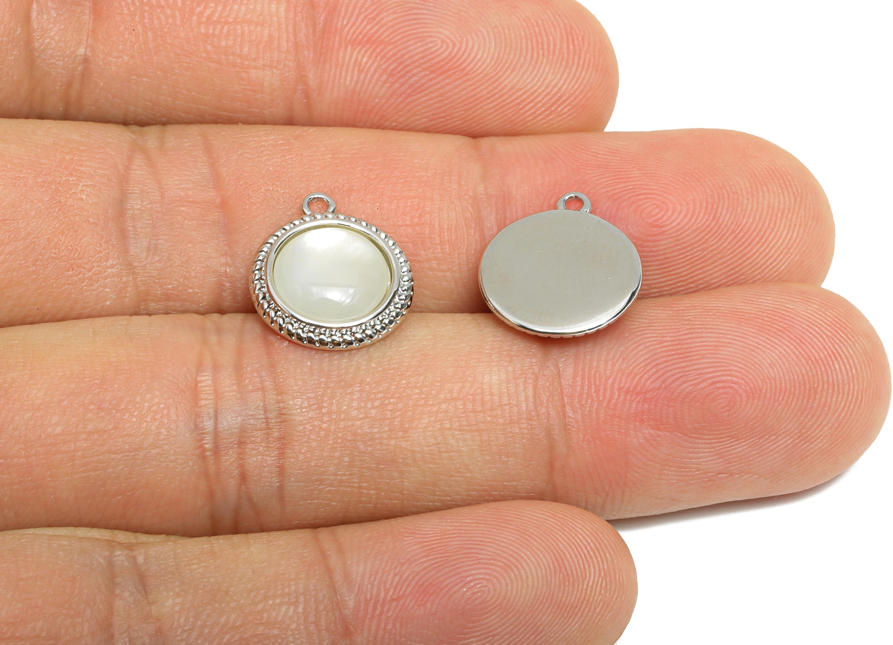 Brass Round Earring Charm - Silver Seashell Pendant for Necklace - Textured Circle Charm - 18K White Gold-Plated - 14.5x12.5x3.73mm -RGP9550 - DOMEDBAZAAR