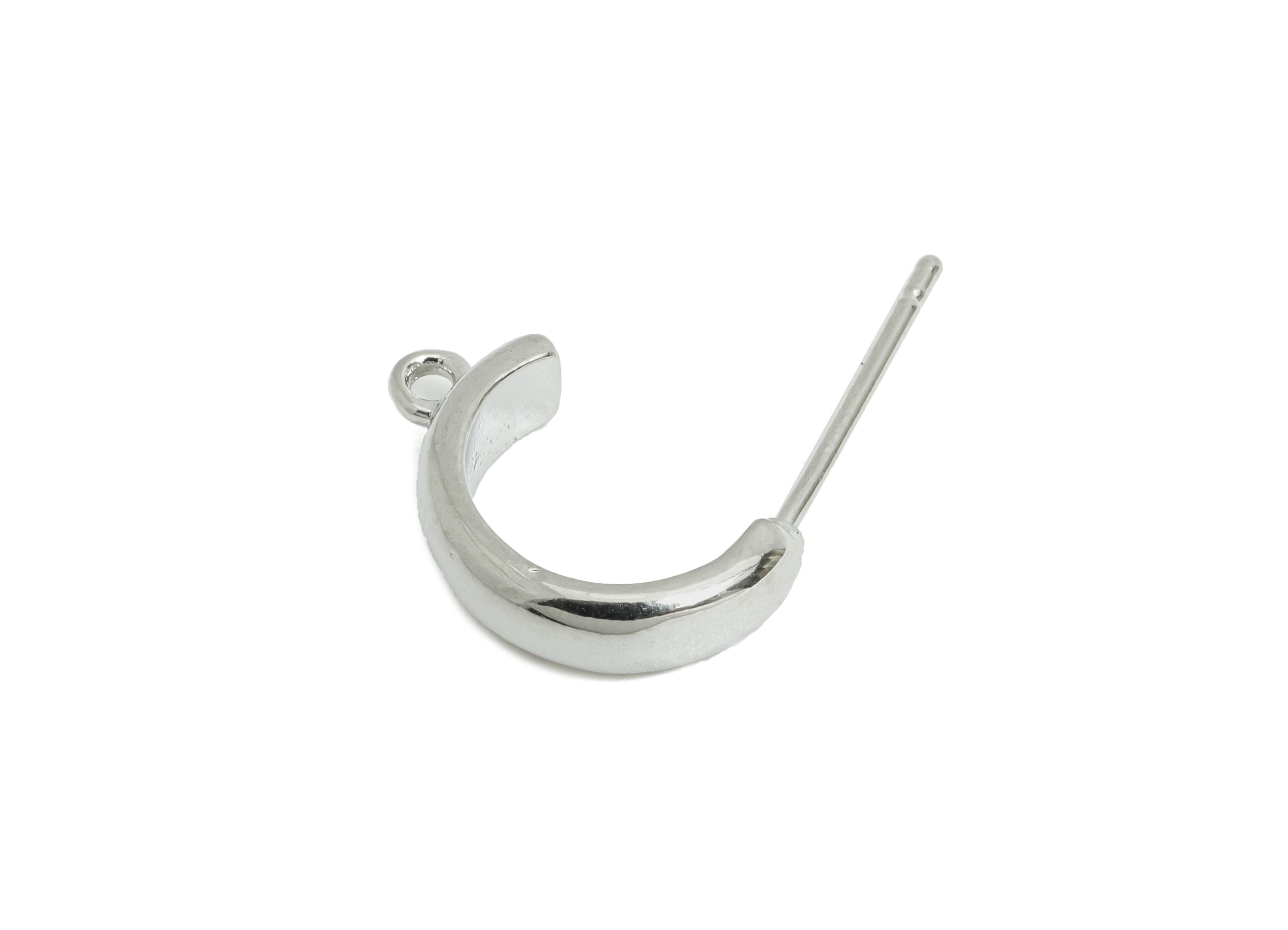 Brass Hoop Earring - Brass Mini C Hoop Earring Post With Loop - Customizable Earring Base - 18K Real White Gold Plated - 14x8x3mm - RGP9656S - DOMEDBAZAAR