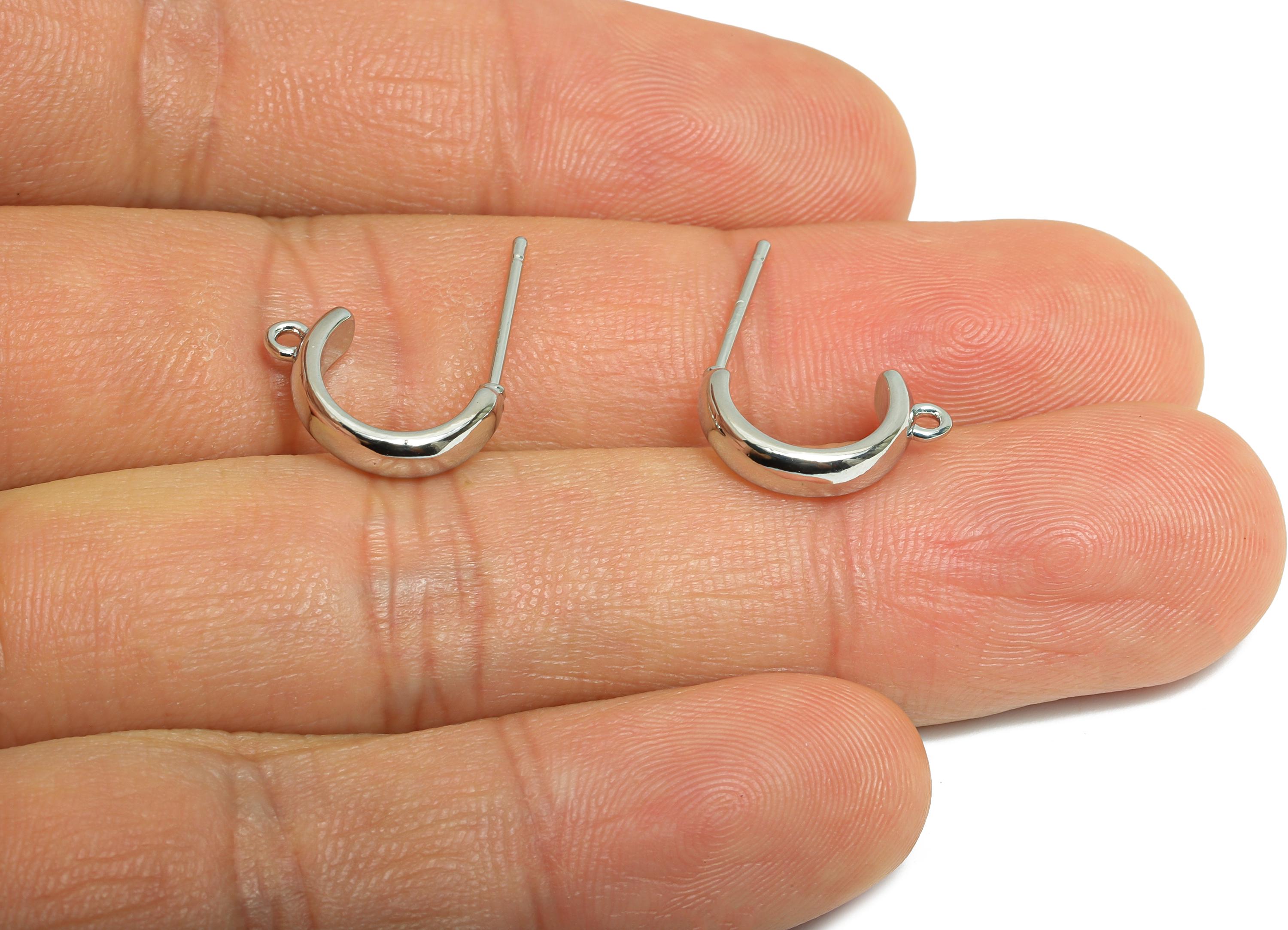 Brass Hoop Earring - Brass Mini C Hoop Earring Post With Loop - Customizable Earring Base - 18K Real White Gold Plated - 14x8x3mm - RGP9656S - DOMEDBAZAAR