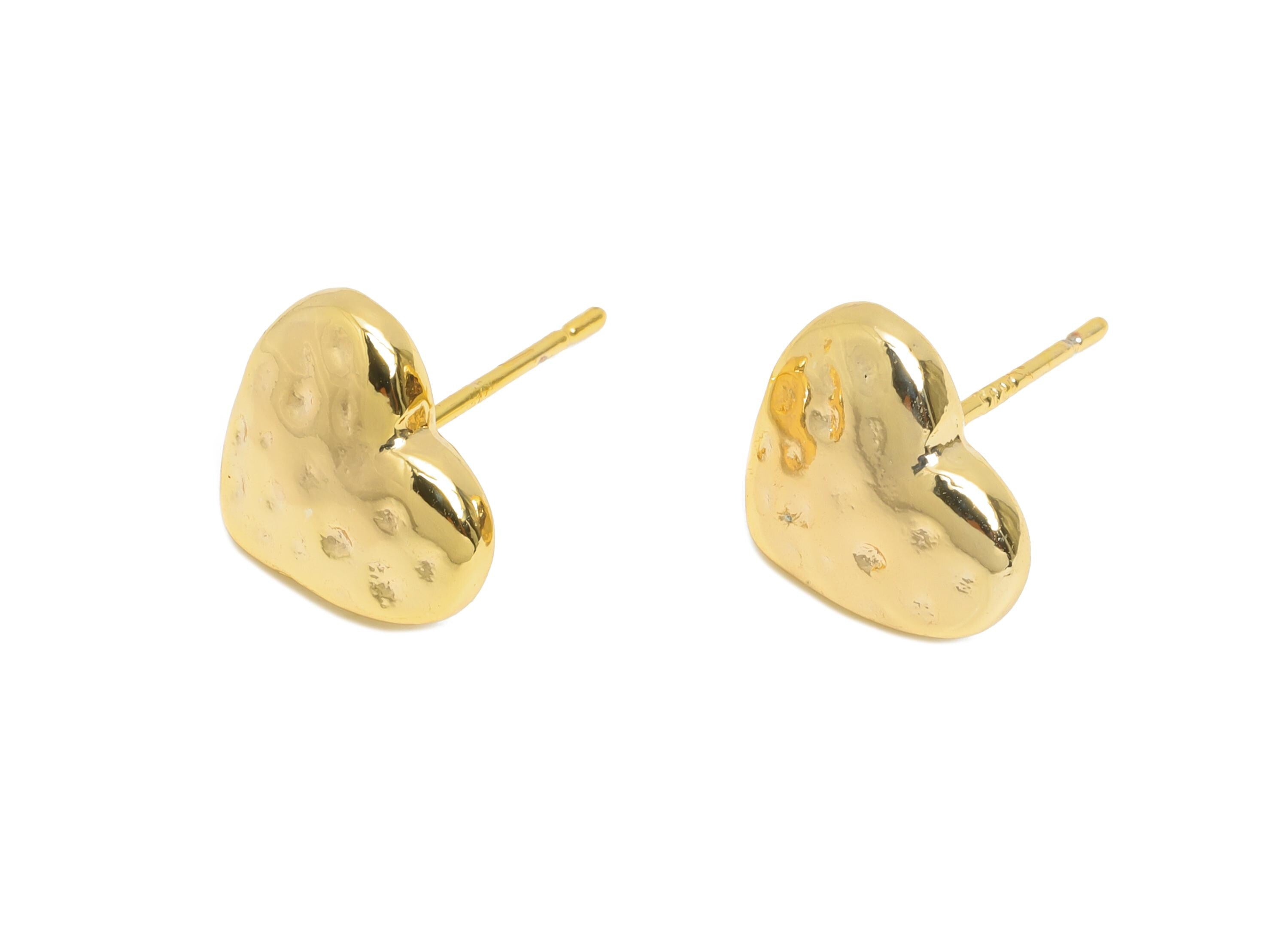 Textured Heart Stud - Brass Hammered Heart Earring Stud - Modern Love Heart Stud Earring - 18K Real Gold Plating - 10x11.4x4mm - RGP9663 - DOMEDBAZAAR