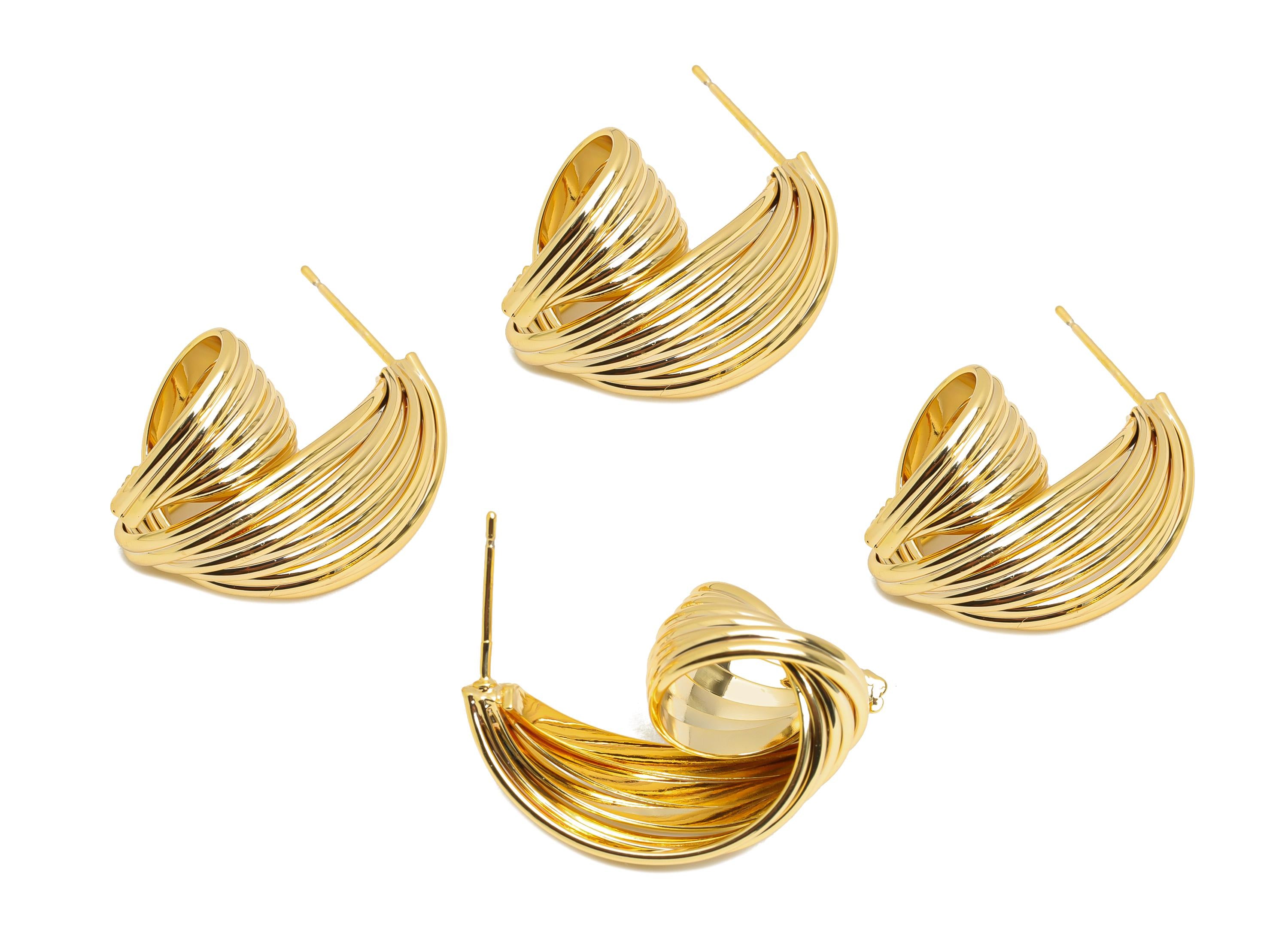 Twisted Hoop Earring Stud - Brass Bold Ribbed Snail Earring Stud - Layered Spiral Oversized Hoop - 18K Real Gold Plating -29x20x15mm-RGP9688 - DOMEDBAZAAR