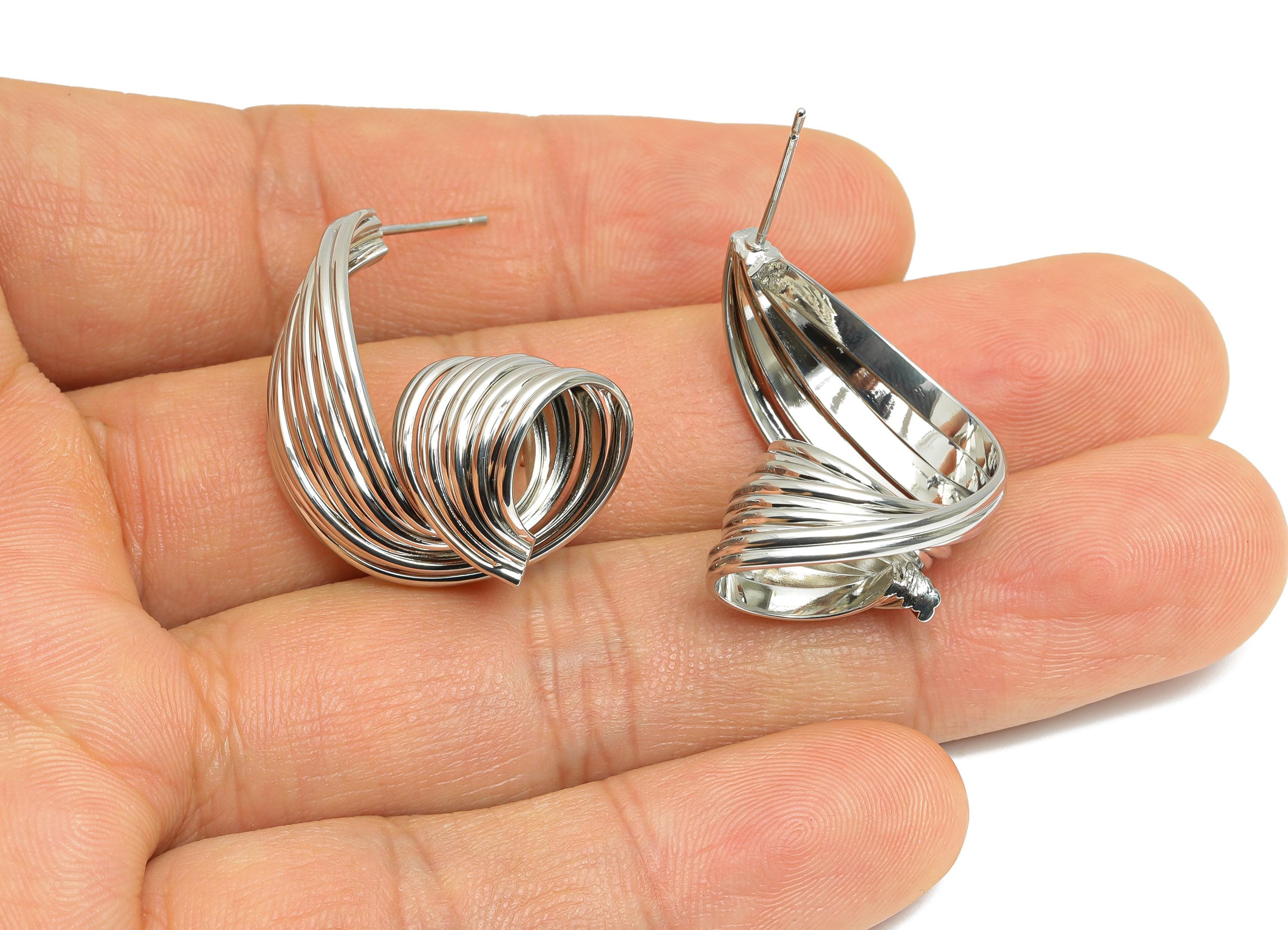 Twisted Hoop Earring Stud - Brass Bold Snail Hoop Stud - Layered Spiral Oversized Hoop - 18K Real White Gold Plating - 29x20x15mm-RGP9688S - DOMEDBAZAAR