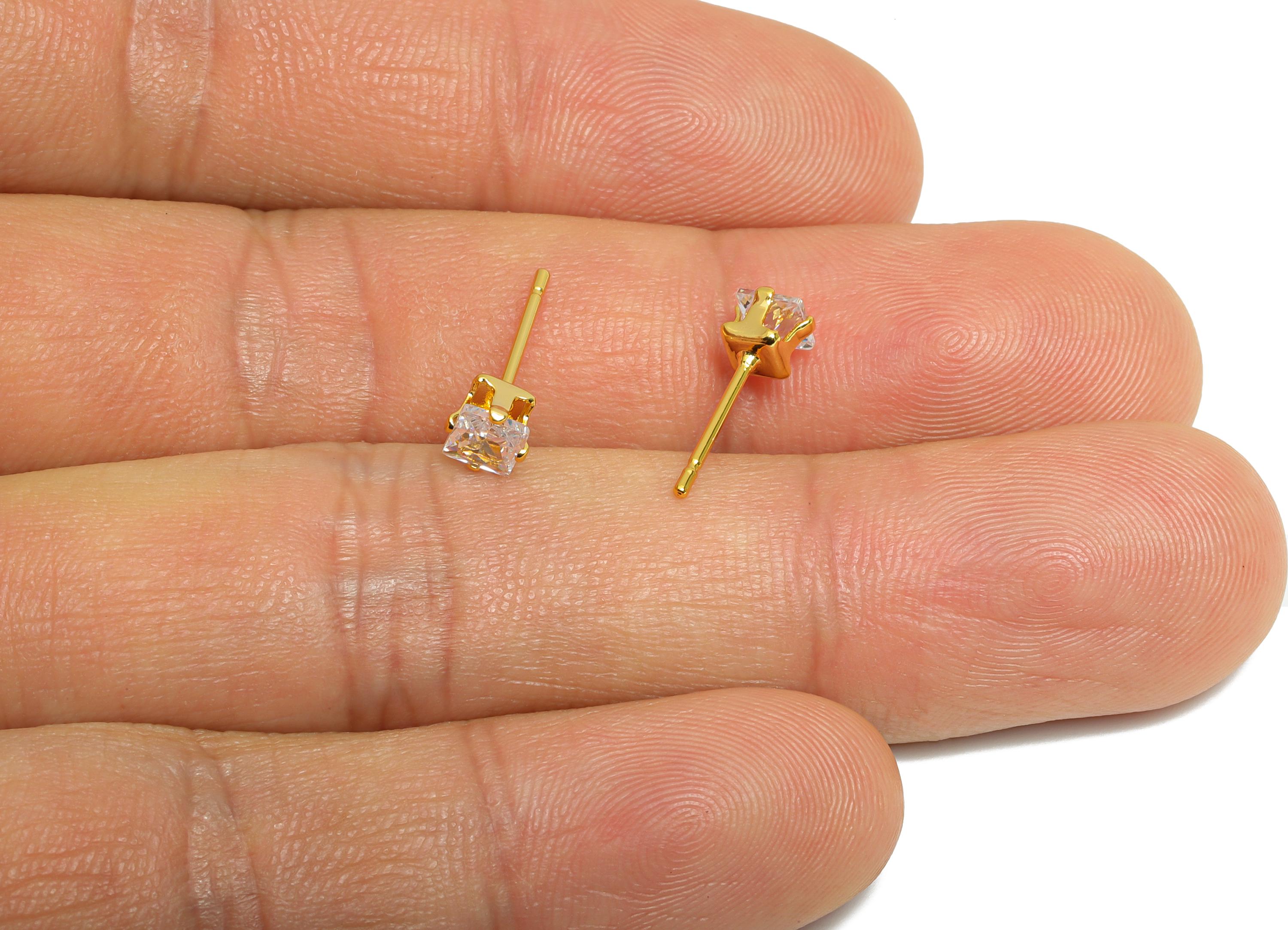 Minimalist Square Earring Post - Brass Simple Gem Stud - Cubic Zircon Sparkling Gold Ear Post - 18K Real Gold Plated - 5x4x4mm - RGP9638-4 - DOMEDBAZAAR