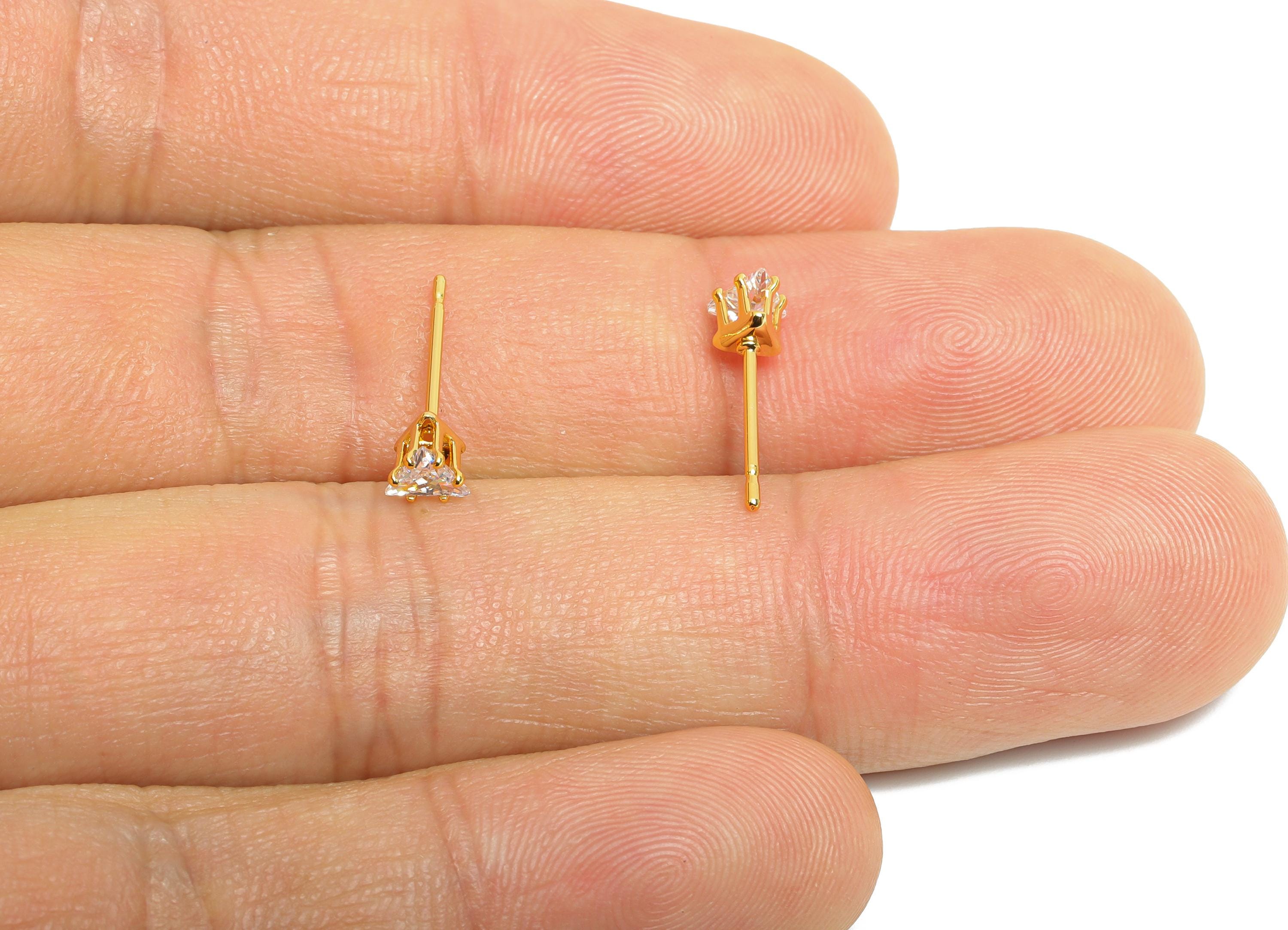 Minimalist Triangle Earring Post - Brass Simple Tiny Gem Stud - Cubic Zircon Sparkling Post - 18K Real Gold Plated - 4x4x3.6mm - RGP9642 - DOMEDBAZAAR