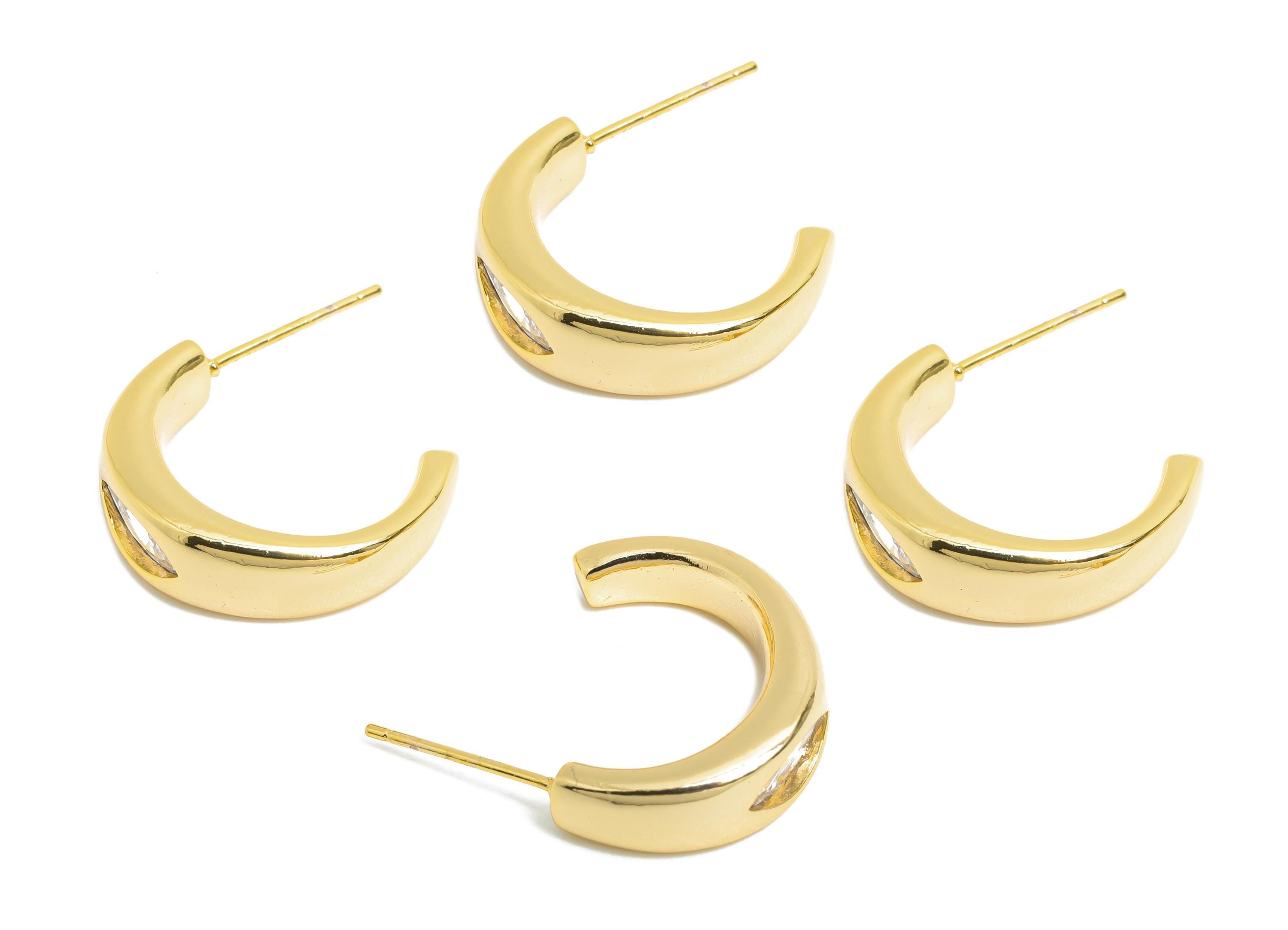 Brass Marquise Hoop Post - Brass Minimalist Sleek Hoop C Earring - Cubic Zircon Earring - 18K Real Gold Plated - 19x14x6mm - RGP9657 - DOMEDBAZAAR