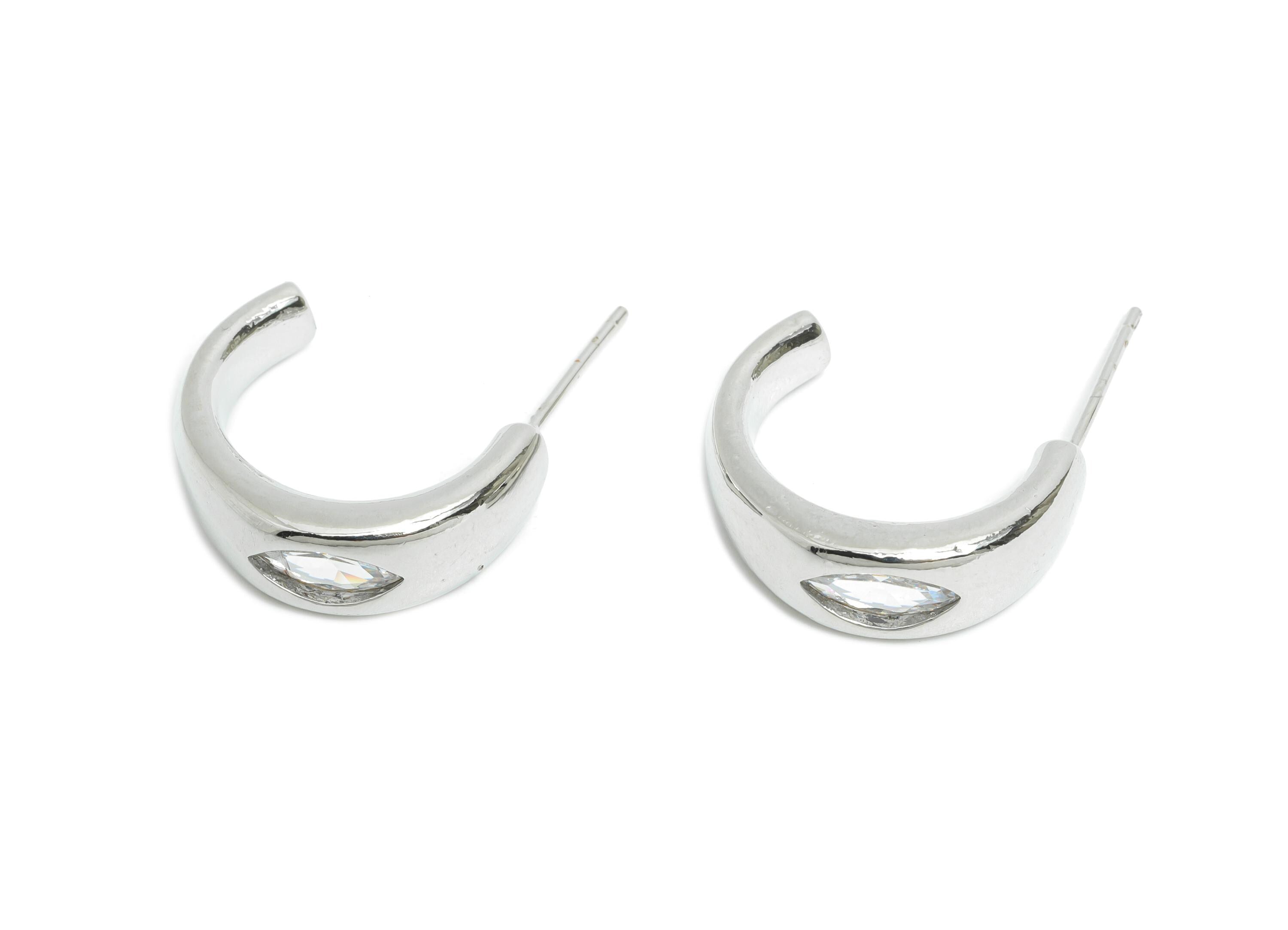 Brass Marquise Hoop Post - Brass Minimalist Sleek Hoop C Earring - Cubic Zircon Earring - 18K Real White Gold Plated - 19x14x6mm-RGP9657S - DOMEDBAZAAR