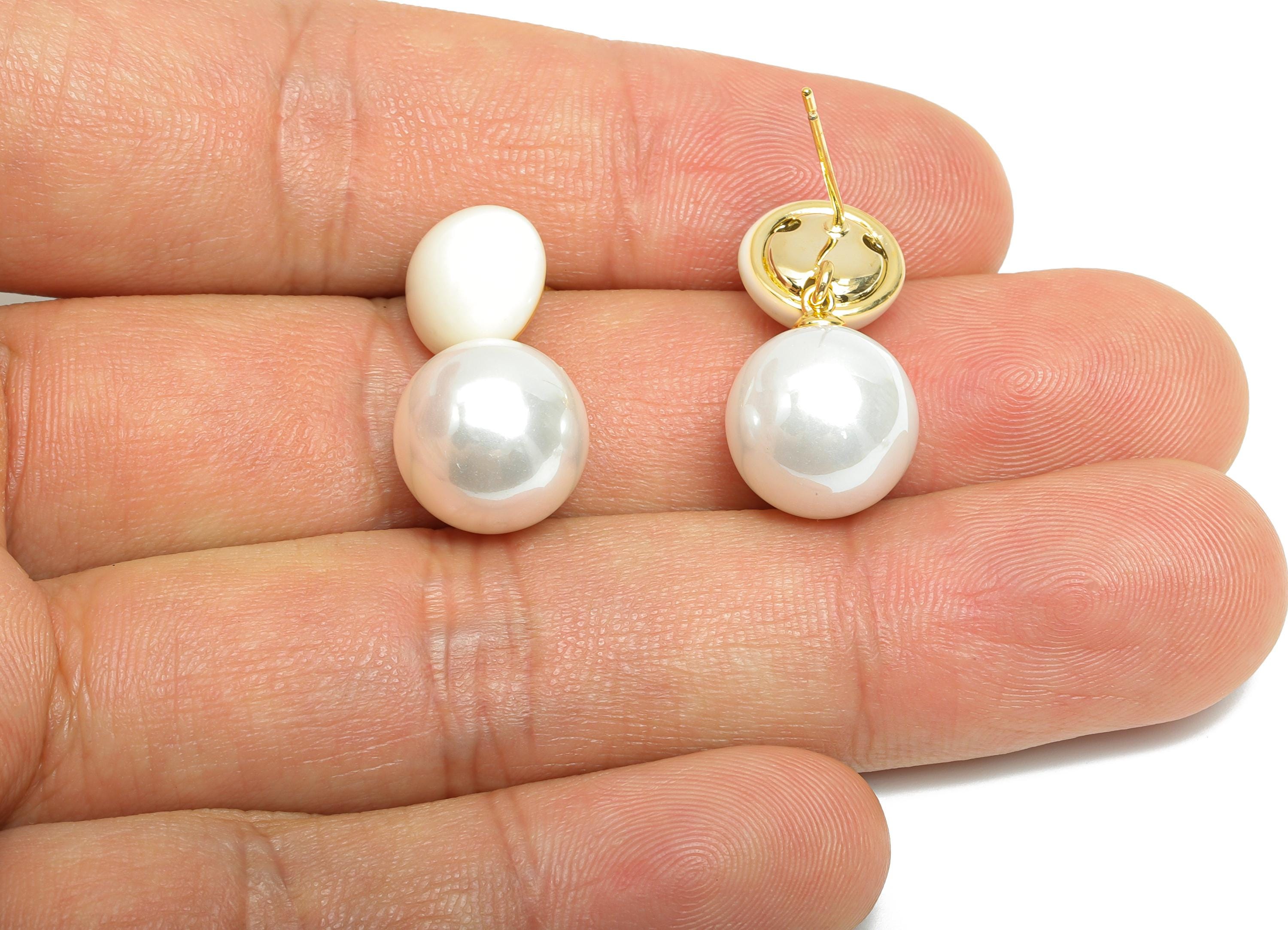 Brass Pearls Dangle Stud - White Enamel Imitation Pearl Earring Post - Everday Jewelry - 18K Real Gold Plated - 24.28x11.93x0.71mm -RGP9609A - DOMEDBAZAAR