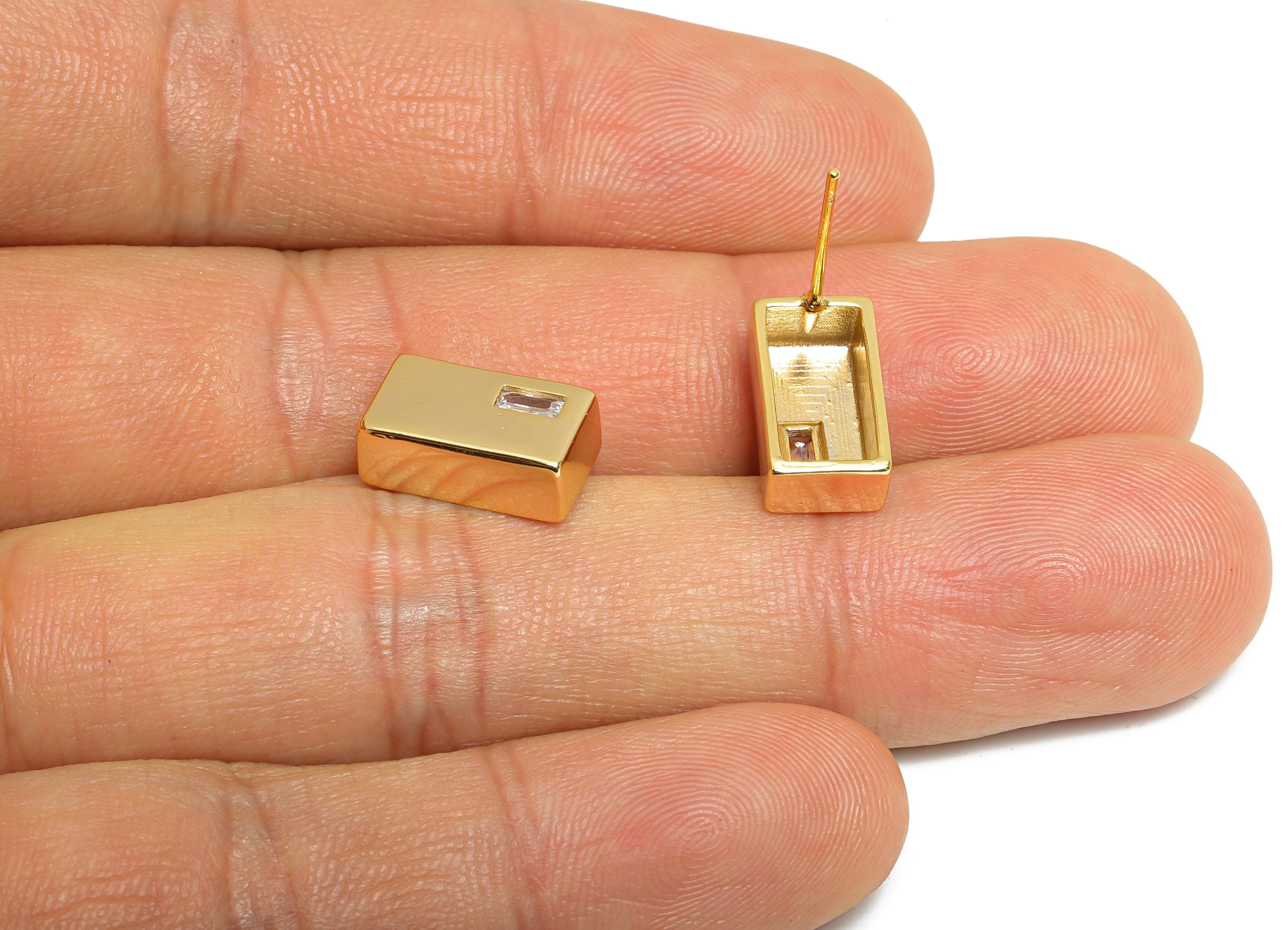Brass Rectangle Bar Post - Brass Sleek Architectural Earring Stud - Cubic Zircon Earring Stud - 18K Real Gold Plated - 12.7x7x4mm-RGP9653 - DOMEDBAZAAR