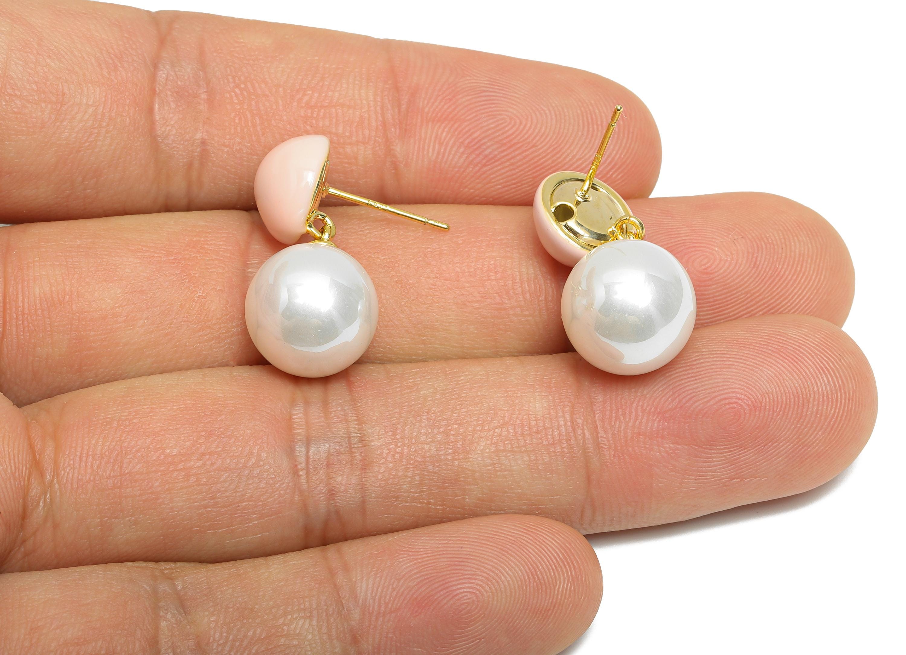 Brass Pearls Dangle Stud - Pink Enamel Imitation Pearl Earrings Post - Everday Jewelry - 18K Real Gold Plated -24.28x11.93x0.71mm-RGP9609B - DOMEDBAZAAR